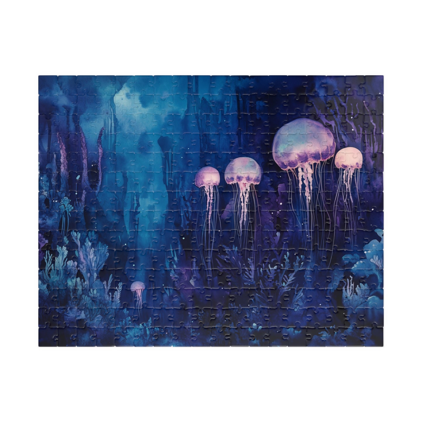 Jellyfish in the Deep Puzzle (110, 252, 520, 1014 Pieces) - Glowing Creatures, Underwater Forest, Bioluminescent Ocean Fantasy
