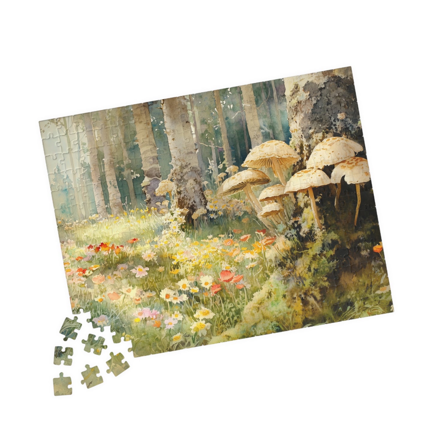 Woodland Glade Puzzle (110, 252, 520, 1014 Pieces) - Forest Flowers Jigsaw, Mushroom Puzzle Art, Cozy Nature Gift
