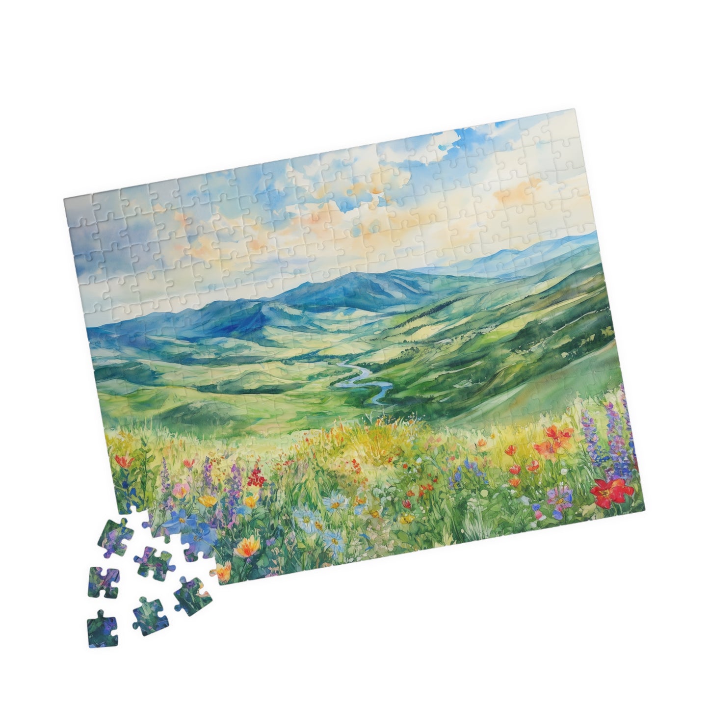 Wildflower Valley Overlook Puzzle (110, 252, 520, 1014 Pieces) - Rolling Green Mountains, Winding River, Blooming Meadow, Scenic Spring View