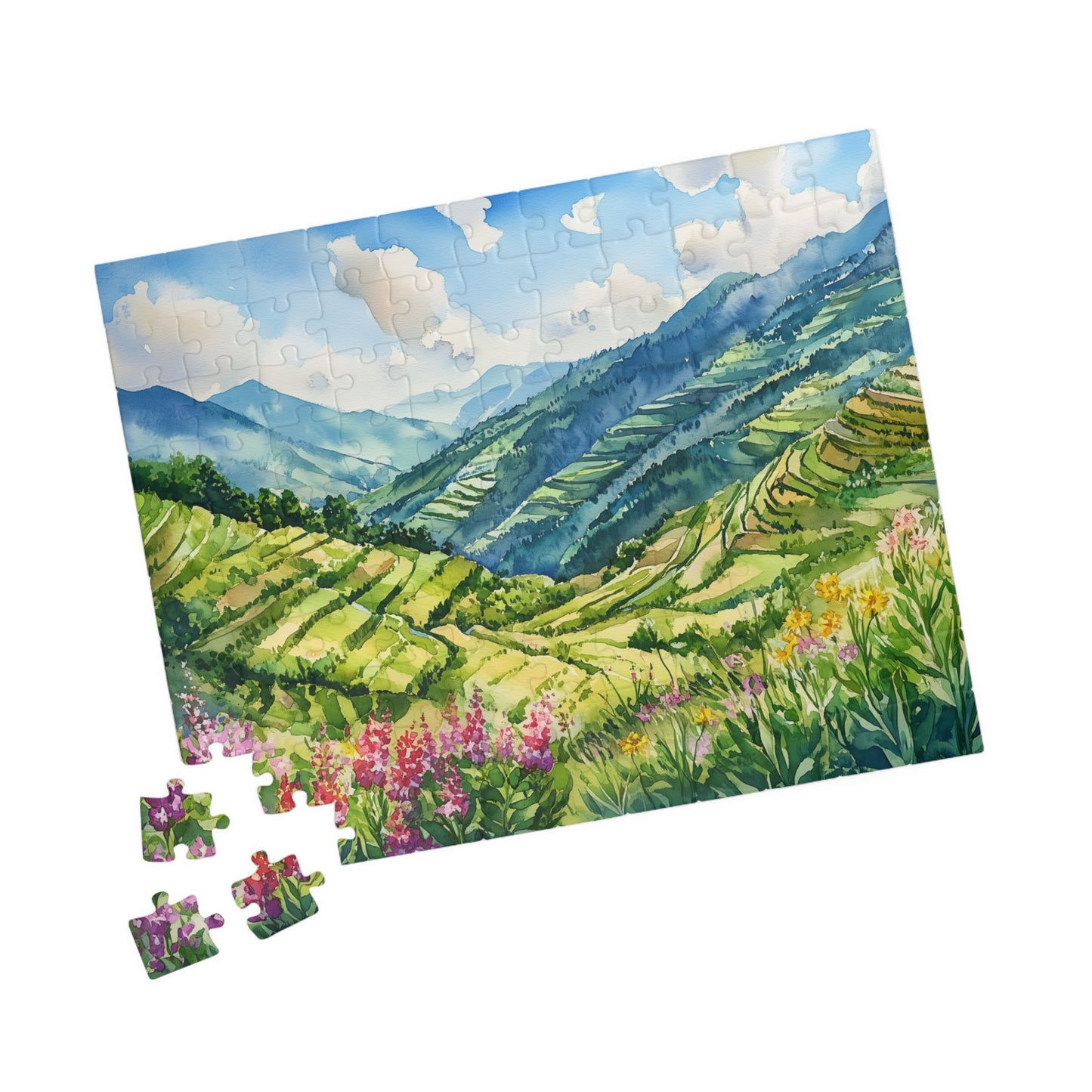 Terraced Hillside Puzzle (110, 252, 520, 1014 Pieces) - Lush Green Valleys, Layered Landscapes, Blooming Wildflowers, Vivid Nature Puzzle
