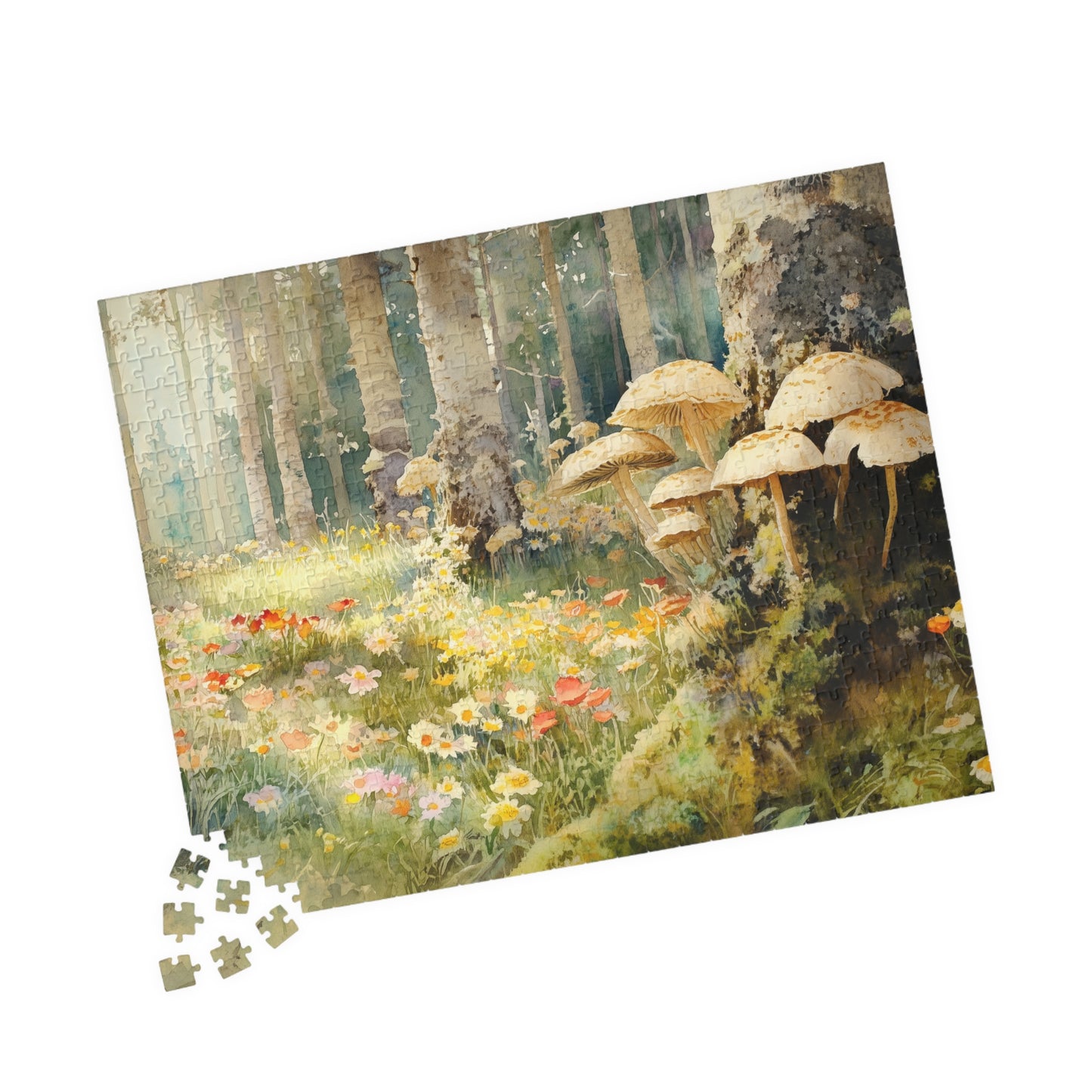 Woodland Glade Puzzle (110, 252, 520, 1014 Pieces) - Forest Flowers Jigsaw, Mushroom Puzzle Art, Cozy Nature Gift