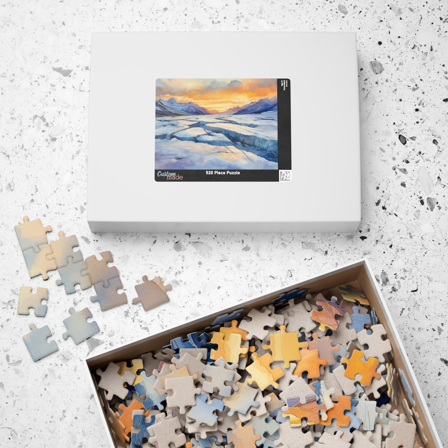 Glacial Field Puzzle (110, 252, 520, 1014 Pieces) - Frozen Mountain Landscape with Cracked Ice, Arctic Horizon, and Winter Sunset Glow
