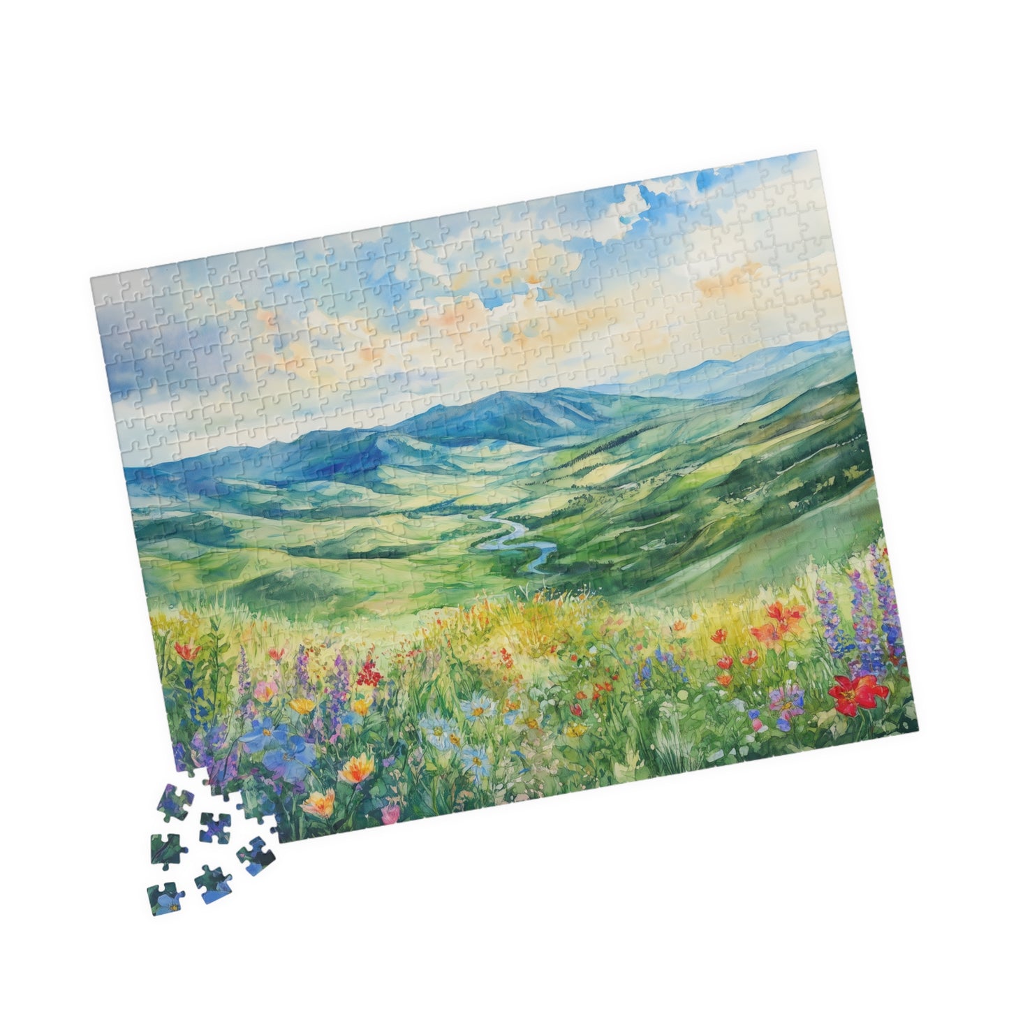 Wildflower Valley Overlook Puzzle (110, 252, 520, 1014 Pieces) - Rolling Green Mountains, Winding River, Blooming Meadow, Scenic Spring View