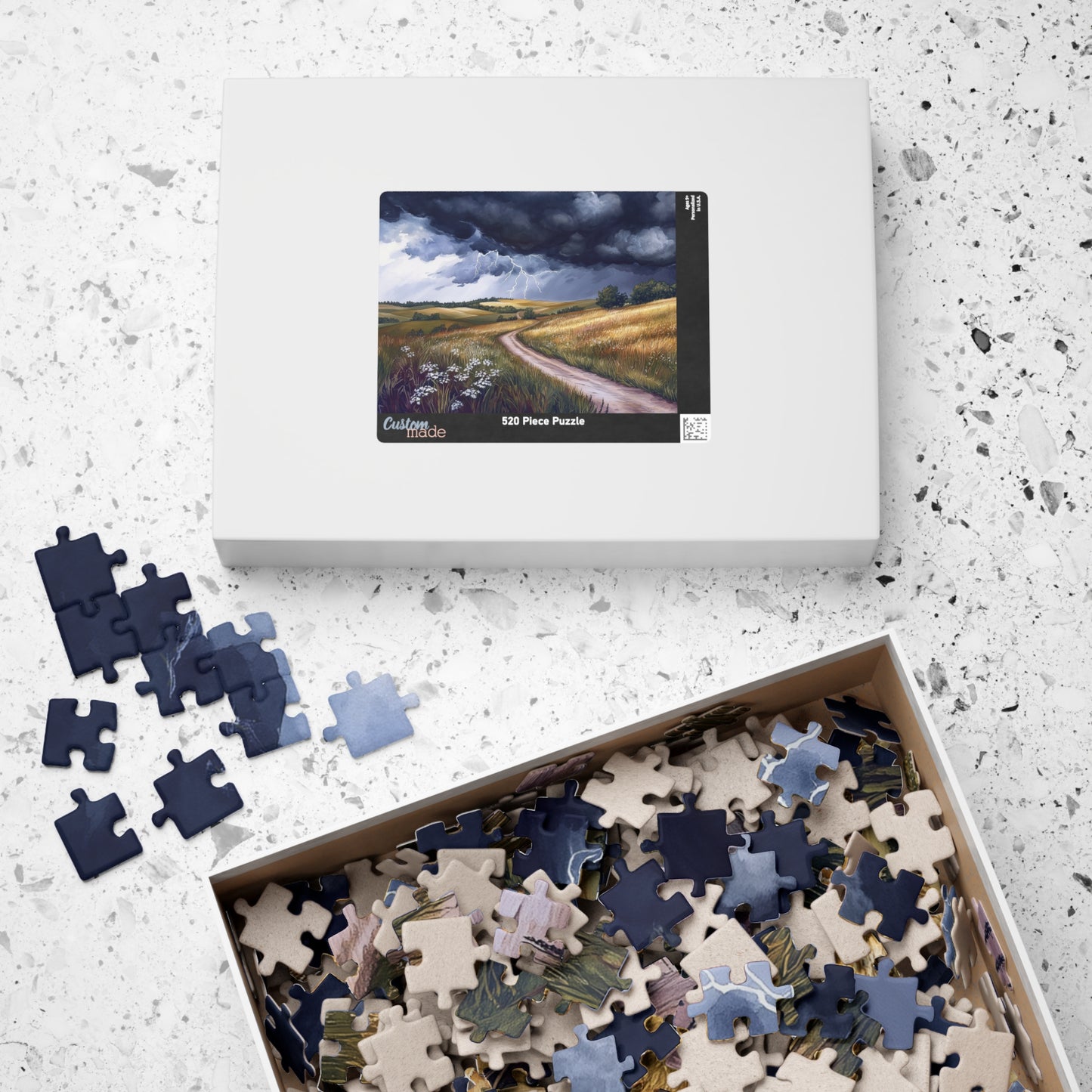 Prairie Thunderstorm Puzzle (110, 252, 520, 1014 Pieces) - Stormy Sky, Lightning Strikes, Country Path Scene, Nature Lover Gift