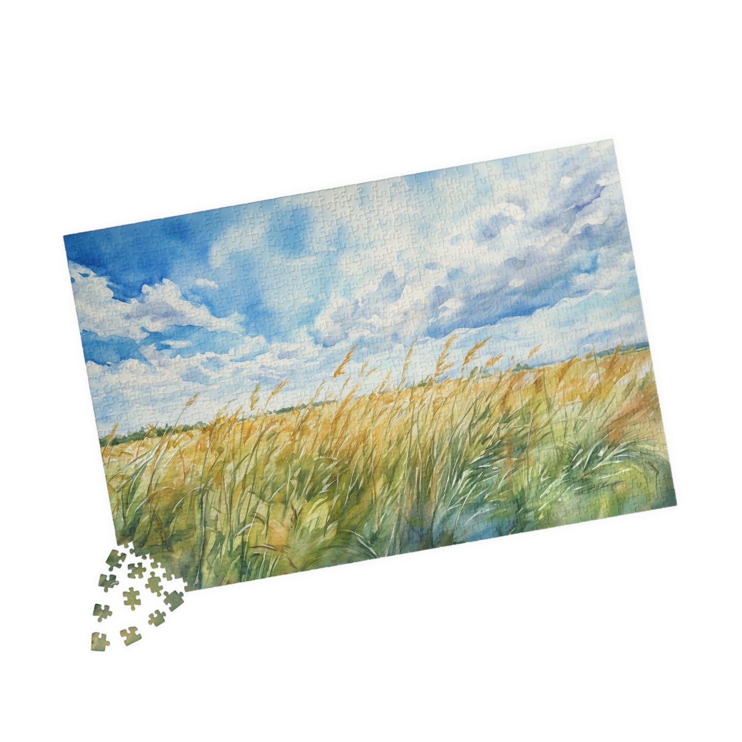 Tall Grasses Blowing Puzzle (110, 252, 520, 1014 Pieces) - Breezy Prairie Scene, Blue Sky, Calming Nature Art, Nature Puzzle, Home Decor