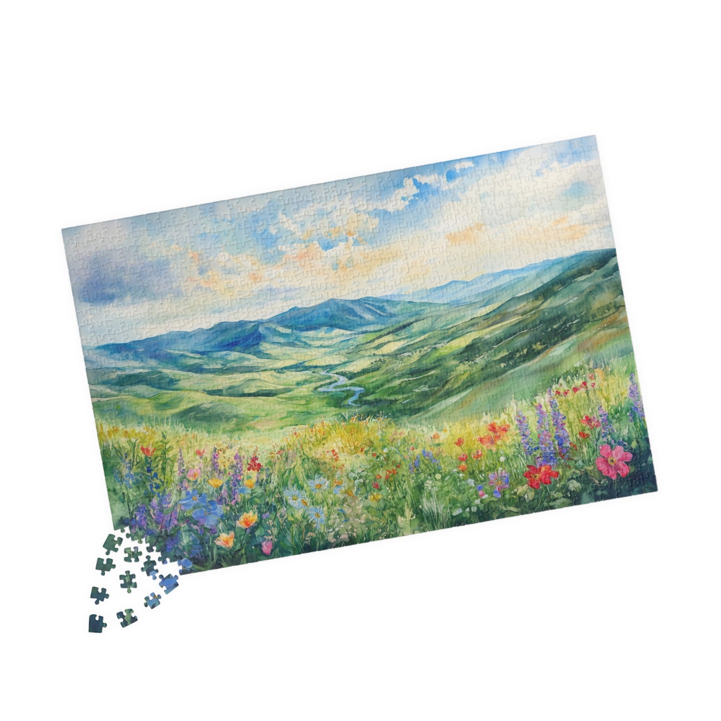 Wildflower Valley Overlook Puzzle (110, 252, 520, 1014 Pieces) - Rolling Green Mountains, Winding River, Blooming Meadow, Scenic Spring View