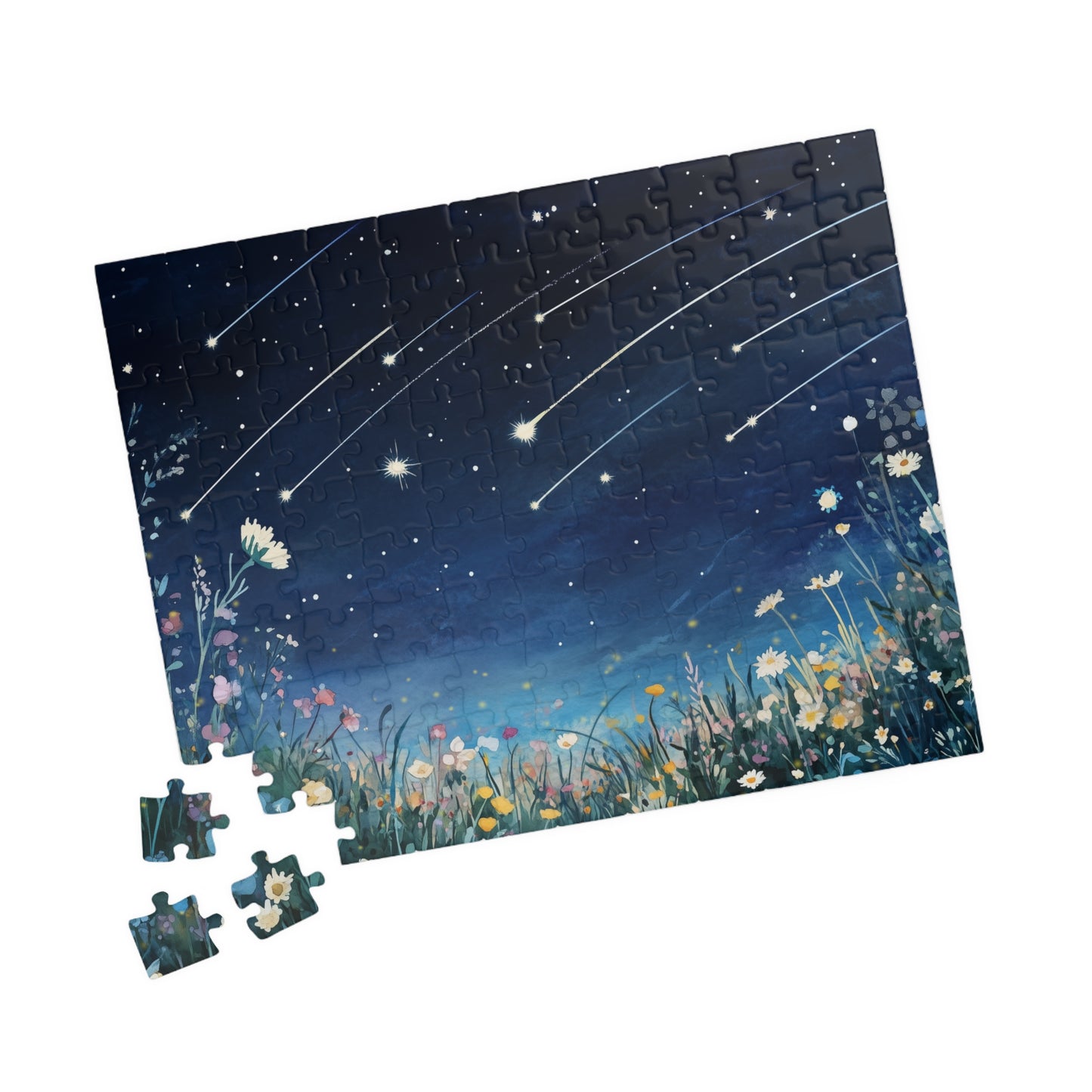 Wildflowers Under a Starry Sky Puzzle (110, 252, 520, 1014 Pieces) - Dreamy Meteor Shower, Starry Night Scene with Colorful Blooms