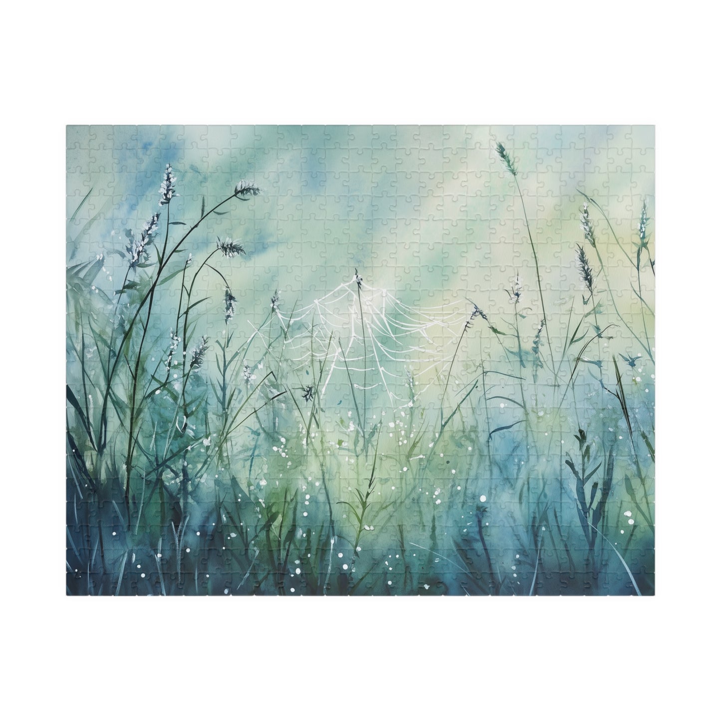 Morning Web Puzzle (110, 252, 520, 1014 Pieces) - Dewy Spider Web, Soft Grass, Gentle Light, Nature-Inspired Jigsaw, Beautiful Serenity