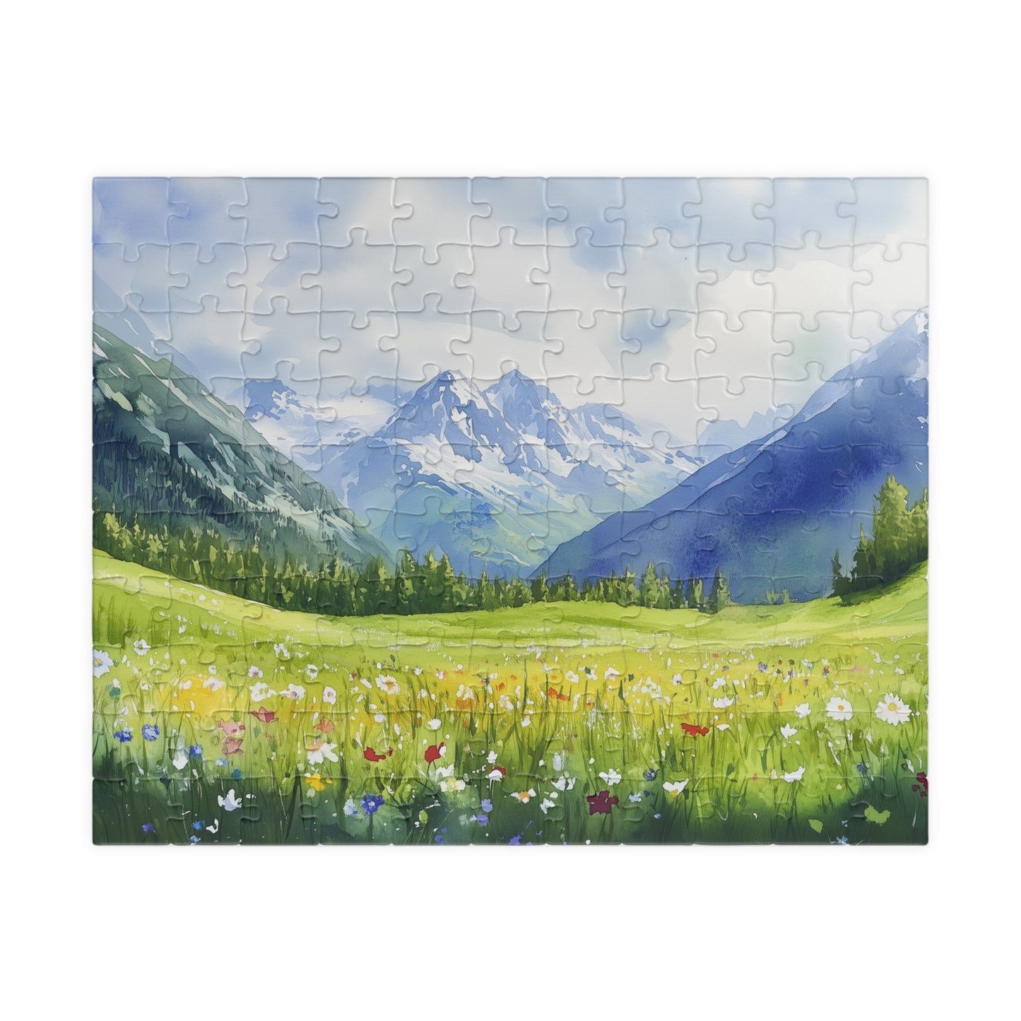 Spring Mountain Puzzle (110, 252, 520, 1014 Pieces) - Alpine Wildflower Meadow with Snowy Peaks, Blue Sky, and Peaceful Green Hills
