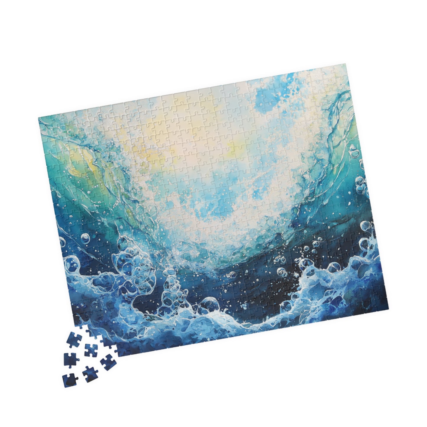 Crashing Wave Puzzle (110, 252, 520, 1014 Pieces) - Ocean Bubbles, Aquatic Motion, Abstract Watercolor Sea Energy, Underwater View