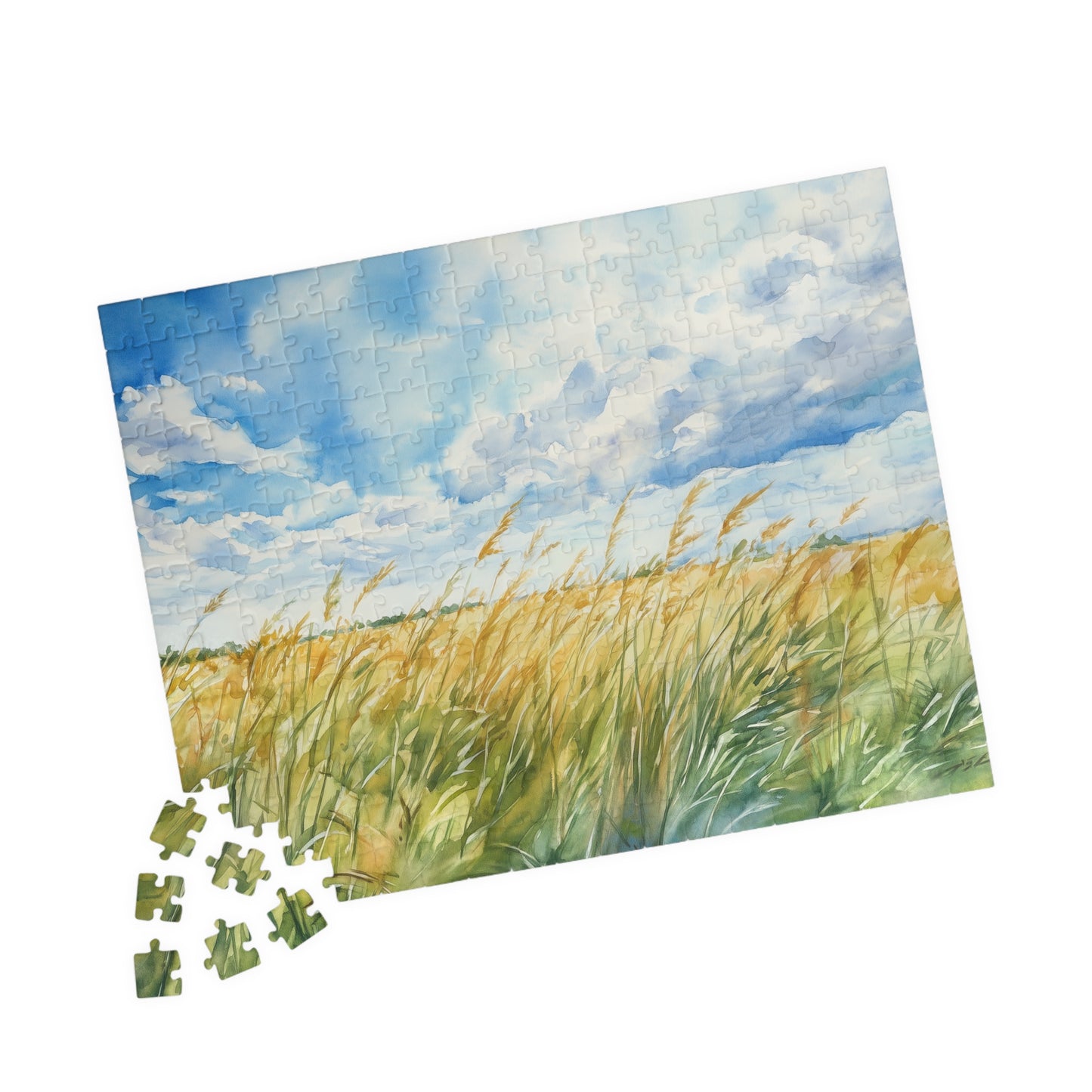 Tall Grasses Blowing Puzzle (110, 252, 520, 1014 Pieces) - Breezy Prairie Scene, Blue Sky, Calming Nature Art, Nature Puzzle, Home Decor
