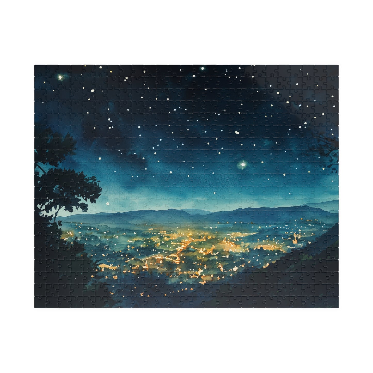Mountain Town Under a Starry Sky Puzzle (110, 252, 520, 1014 Pieces) - Peaceful Night Lights, Stargazing, Cozy Escape