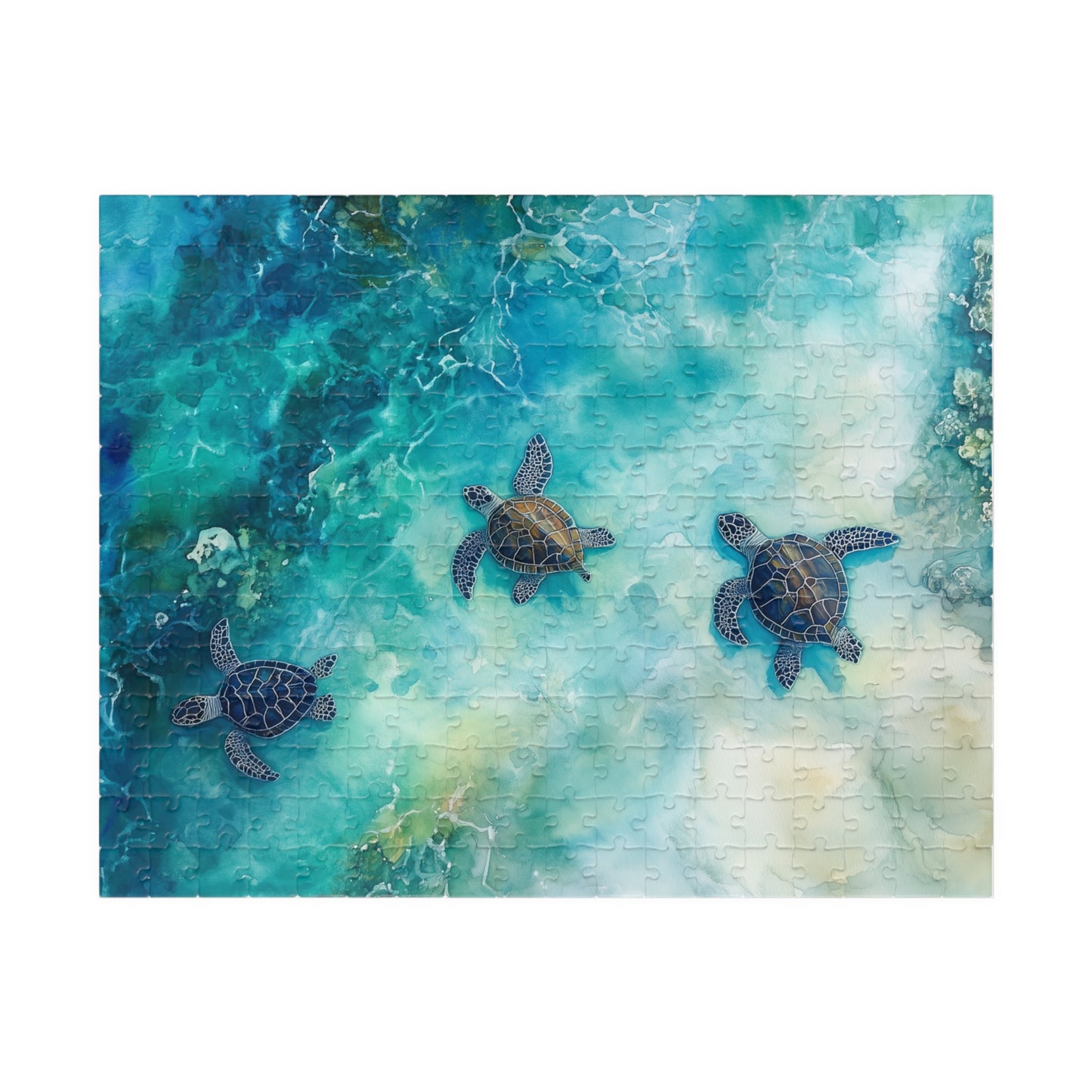 Turtle Trio Puzzle (110, 252, 520, 1014 Pieces) - Watercolor Sea Turtle Art, Ocean Wildlife, Serene Blue Puzzle, Relaxing Nature Puzzle