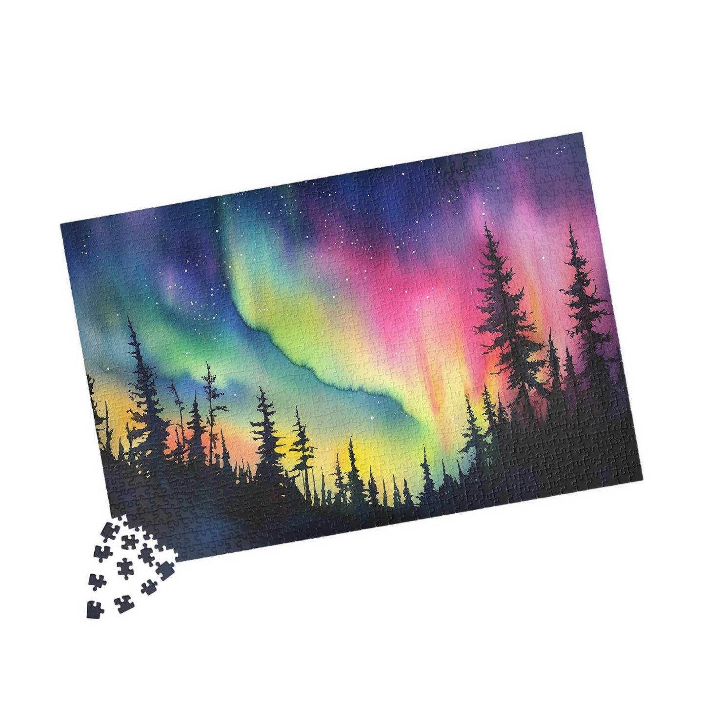 Aurora Glow Puzzle (110, 252, 520, 1014 Pieces) - Northern Lights Over Forest Silhouette, Fun Family Activity, Unique Gift Idea