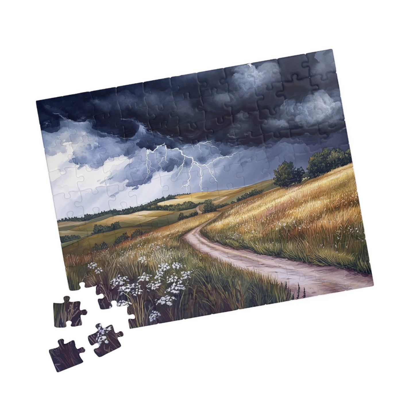 Prairie Thunderstorm Puzzle (110, 252, 520, 1014 Pieces) - Stormy Sky, Lightning Strikes, Country Path Scene, Nature Lover Gift