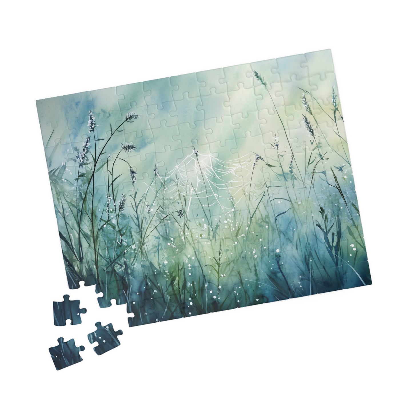 Morning Web Puzzle (110, 252, 520, 1014 Pieces) - Dewy Spider Web, Soft Grass, Gentle Light, Nature-Inspired Jigsaw, Beautiful Serenity