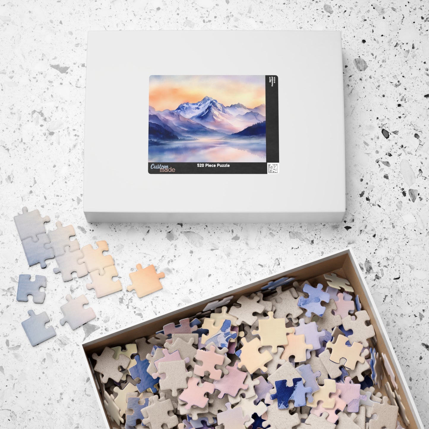 Mountain Serenity Puzzle (110, 252, 520, 1014 Pieces) - Misty Peaks, Sunset Hues, Tranquil Reflections, Mountain Landscape Puzzle