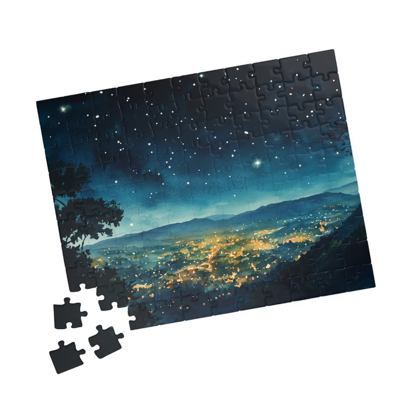 Mountain Town Under a Starry Sky Puzzle (110, 252, 520, 1014 Pieces) - Peaceful Night Lights, Stargazing, Cozy Escape