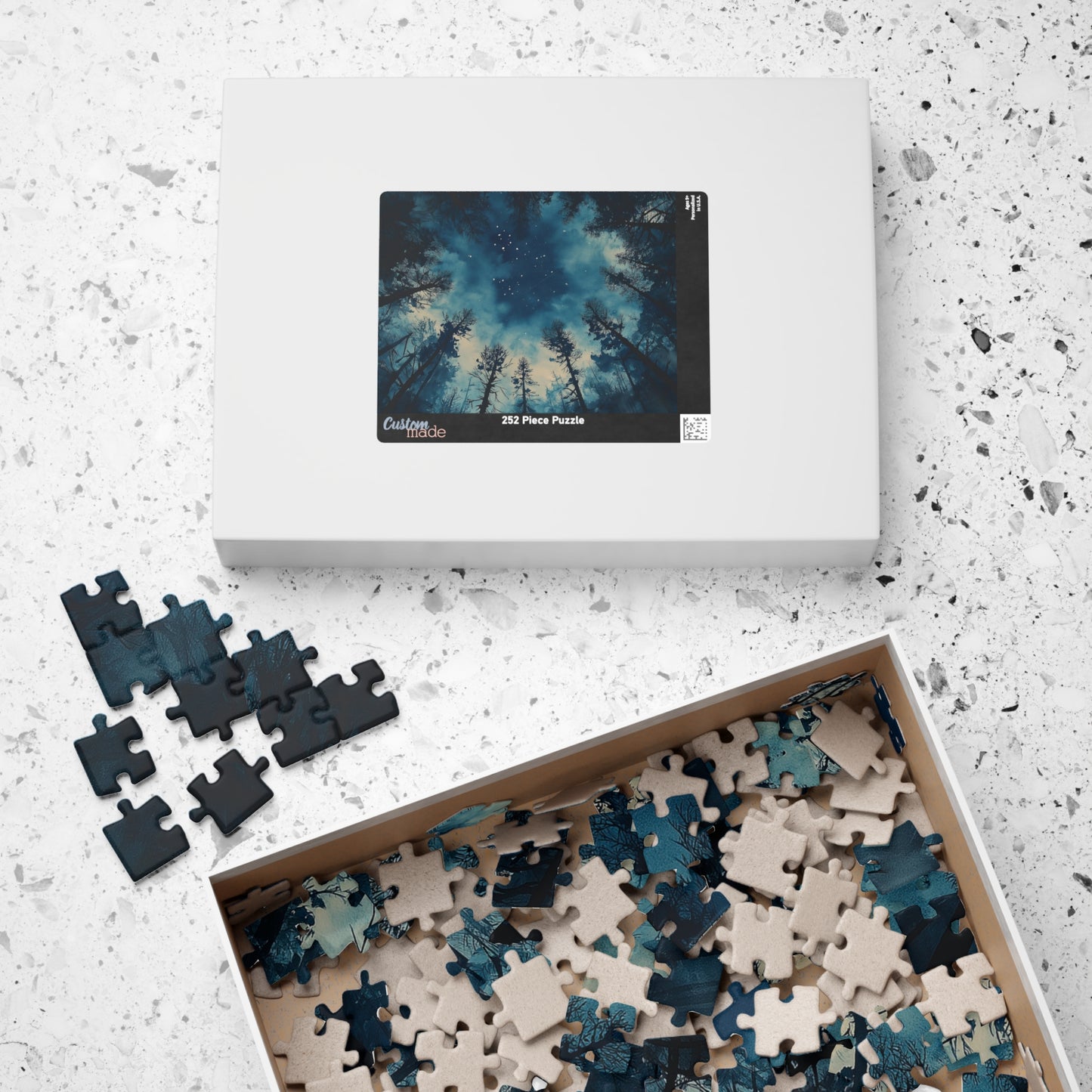 Moody Forest Sky Puzzle (110, 252, 520, 1014 Pieces) - Atmospheric Night View, Blue Toned, Starry Tree Canopy