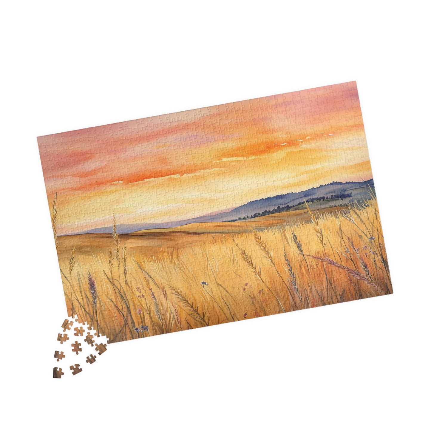Prairie at Sunset Puzzle (110, 252, 520, 1014 Pieces) - Golden Fields, Rolling Hills, Glowing Horizon, Nature Lovers Gift, Relaxing Activity
