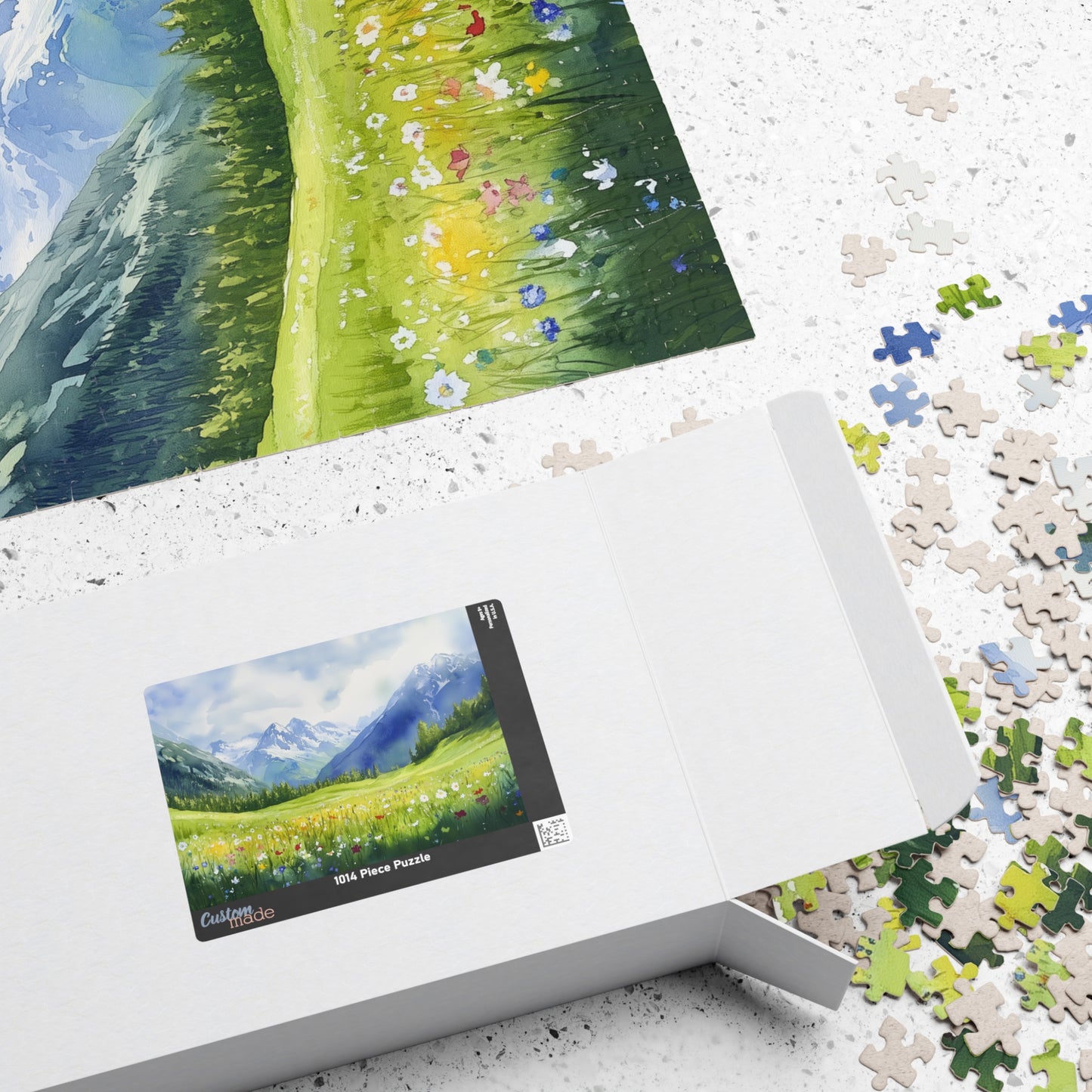 Spring Mountain Puzzle (110, 252, 520, 1014 Pieces) - Alpine Wildflower Meadow with Snowy Peaks, Blue Sky, and Peaceful Green Hills