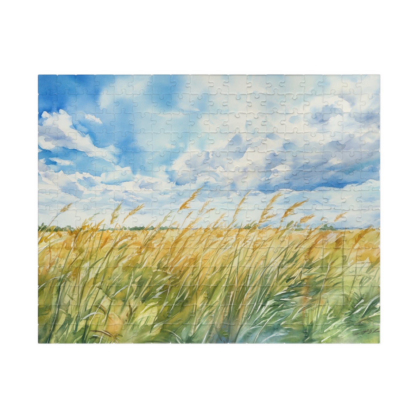 Tall Grasses Blowing Puzzle (110, 252, 520, 1014 Pieces) - Breezy Prairie Scene, Blue Sky, Calming Nature Art, Nature Puzzle, Home Decor