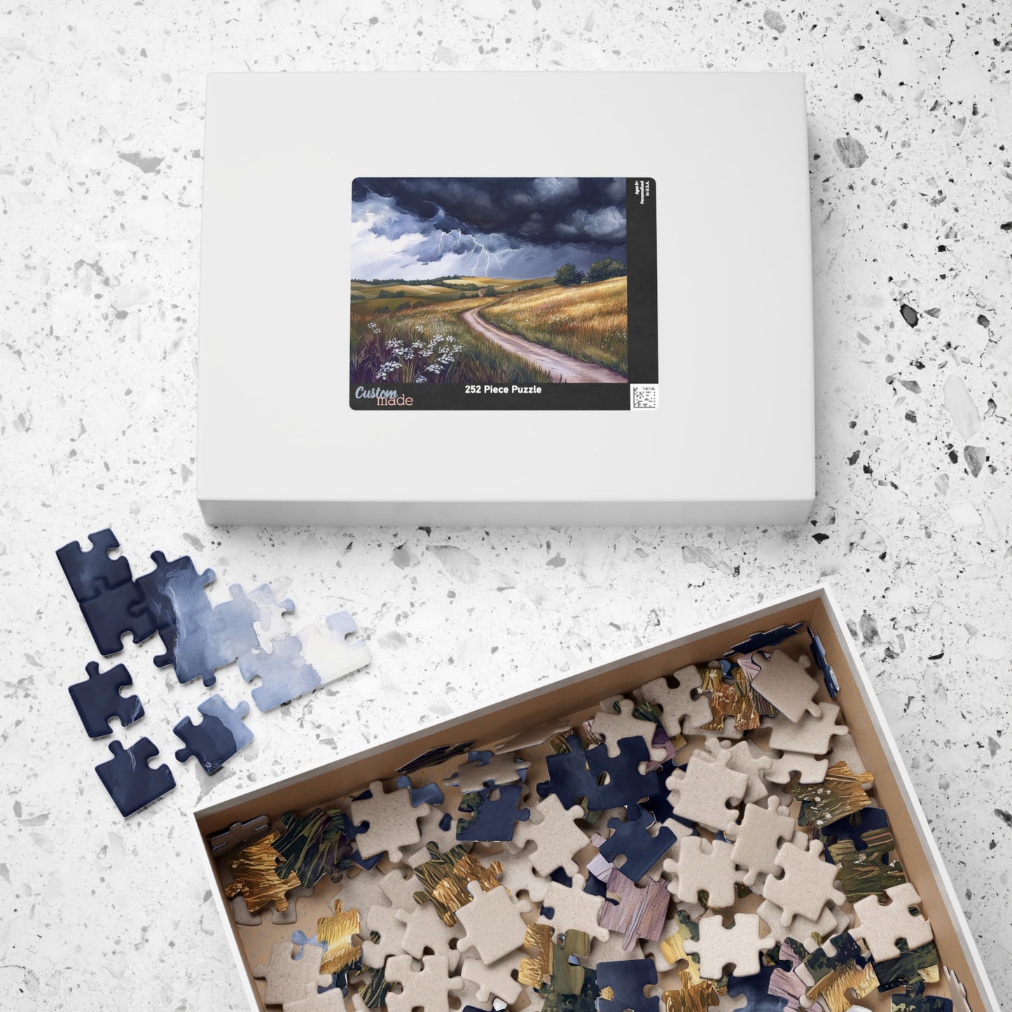 Prairie Thunderstorm Puzzle (110, 252, 520, 1014 Pieces) - Stormy Sky, Lightning Strikes, Country Path Scene, Nature Lover Gift