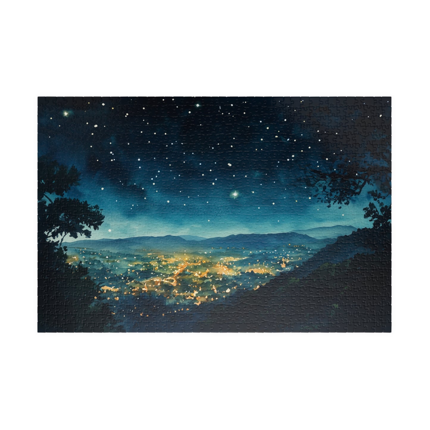 Mountain Town Under a Starry Sky Puzzle (110, 252, 520, 1014 Pieces) - Peaceful Night Lights, Stargazing, Cozy Escape