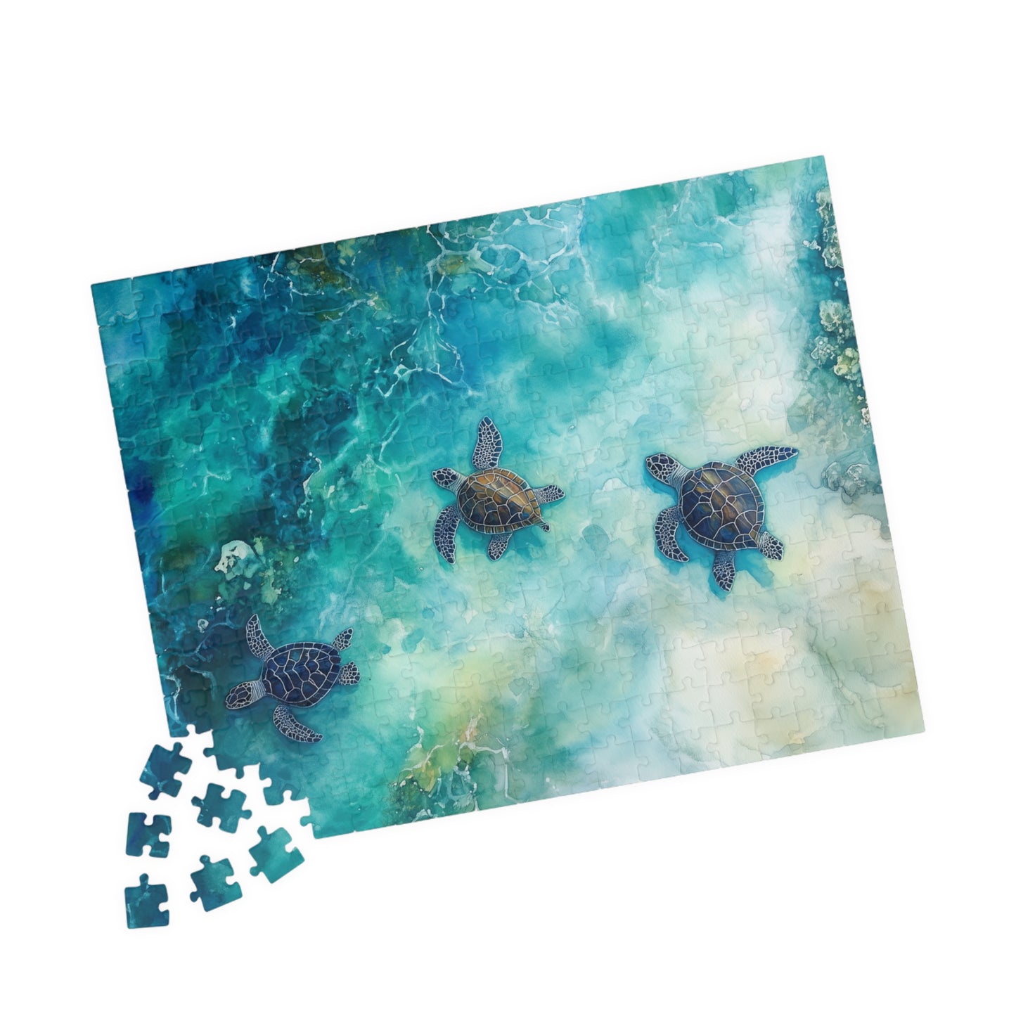 Turtle Trio Puzzle (110, 252, 520, 1014 Pieces) - Watercolor Sea Turtle Art, Ocean Wildlife, Serene Blue Puzzle, Relaxing Nature Puzzle