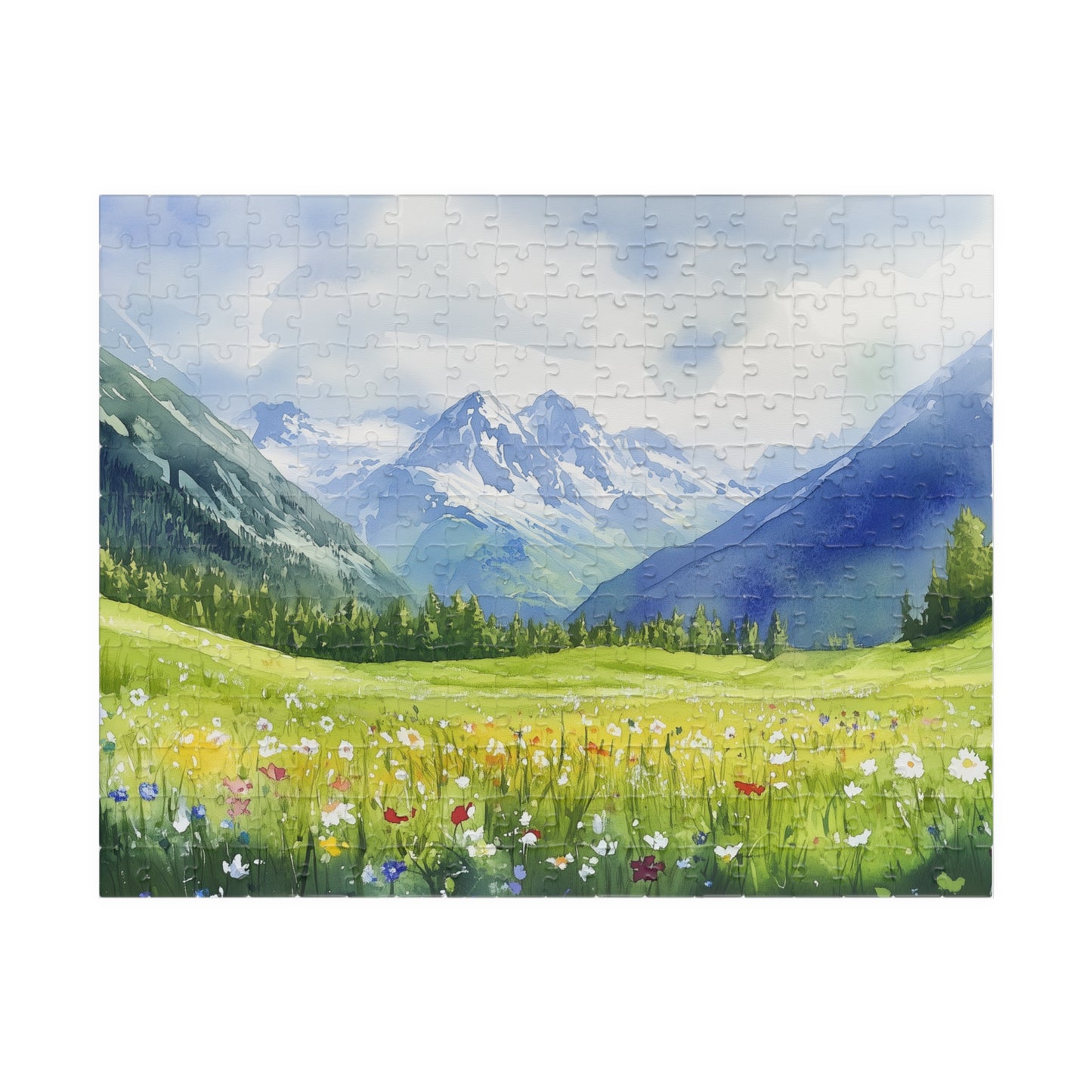 Spring Mountain Puzzle (110, 252, 520, 1014 Pieces) - Alpine Wildflower Meadow with Snowy Peaks, Blue Sky, and Peaceful Green Hills