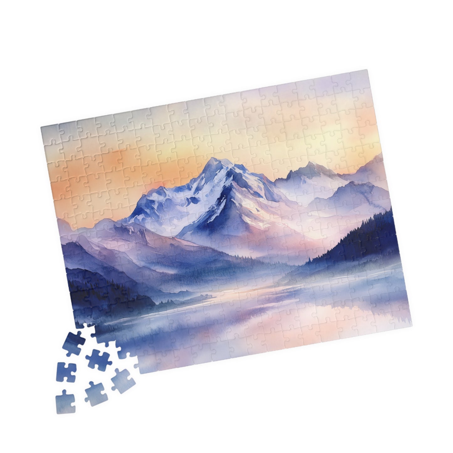 Mountain Serenity Puzzle (110, 252, 520, 1014 Pieces) - Misty Peaks, Sunset Hues, Tranquil Reflections, Mountain Landscape Puzzle