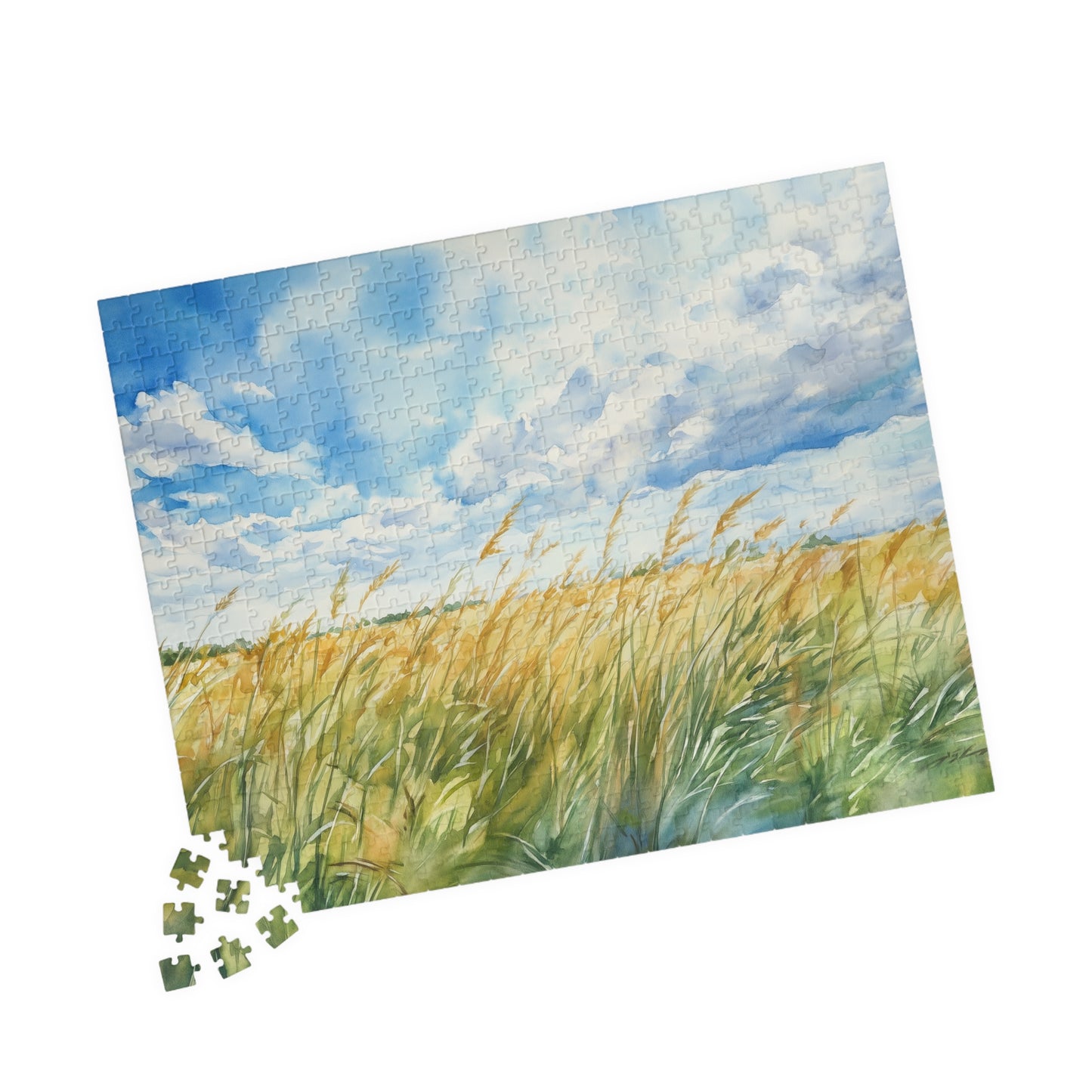 Tall Grasses Blowing Puzzle (110, 252, 520, 1014 Pieces) - Breezy Prairie Scene, Blue Sky, Calming Nature Art, Nature Puzzle, Home Decor