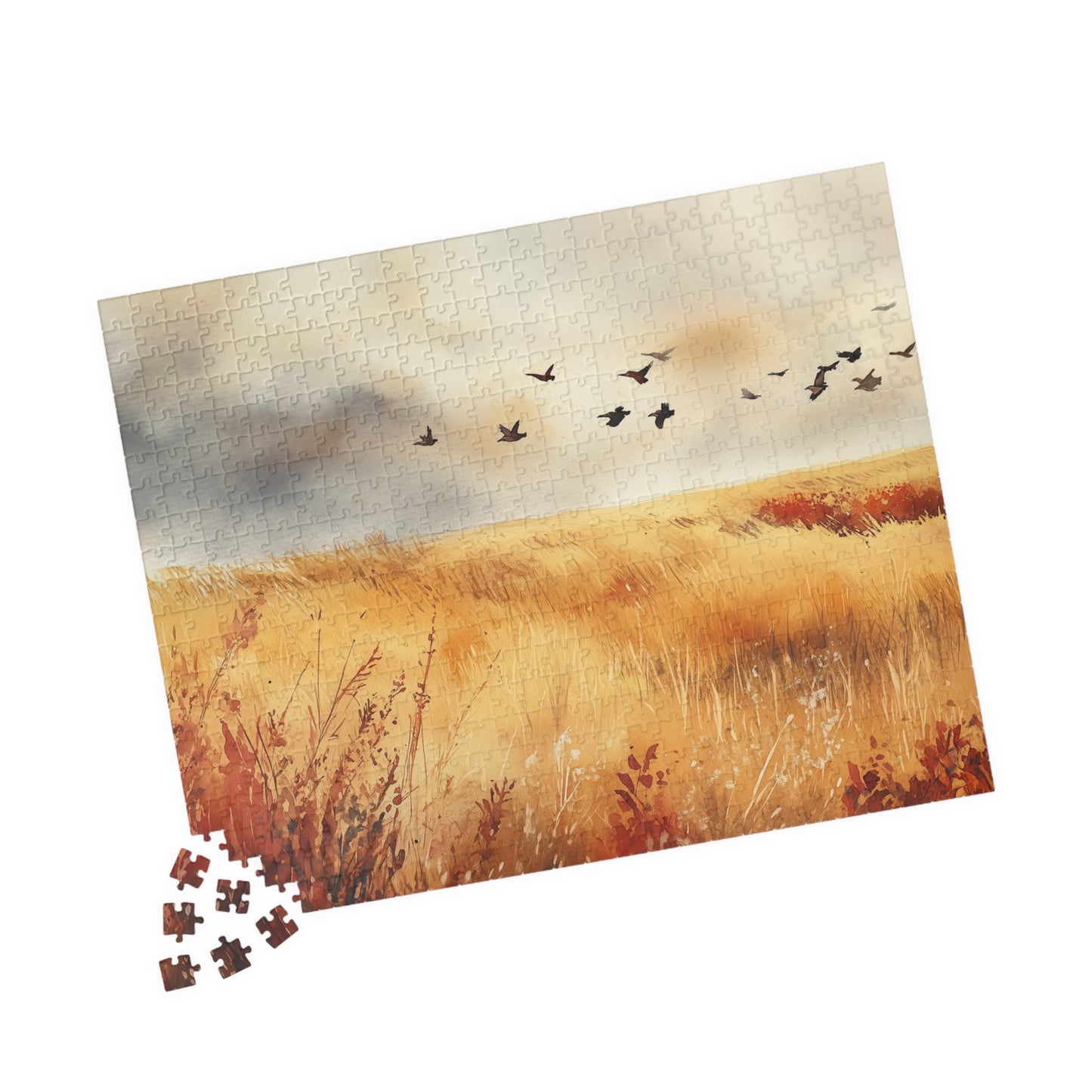 Golden Prairie Flight Puzzle (110, 252, 520, 1014 Pieces) - Autumn Grassland, Birds in Flight, Warm Earth Tones, Stress Relief, Home Decor