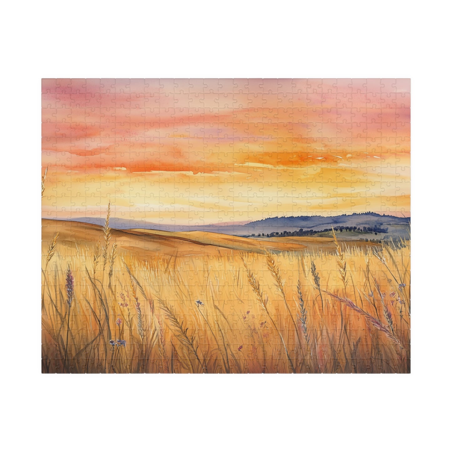Prairie at Sunset Puzzle (110, 252, 520, 1014 Pieces) - Golden Fields, Rolling Hills, Glowing Horizon, Nature Lovers Gift, Relaxing Activity