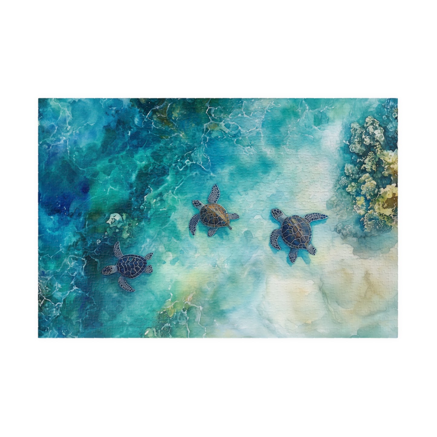 Turtle Trio Puzzle (110, 252, 520, 1014 Pieces) - Watercolor Sea Turtle Art, Ocean Wildlife, Serene Blue Puzzle, Relaxing Nature Puzzle