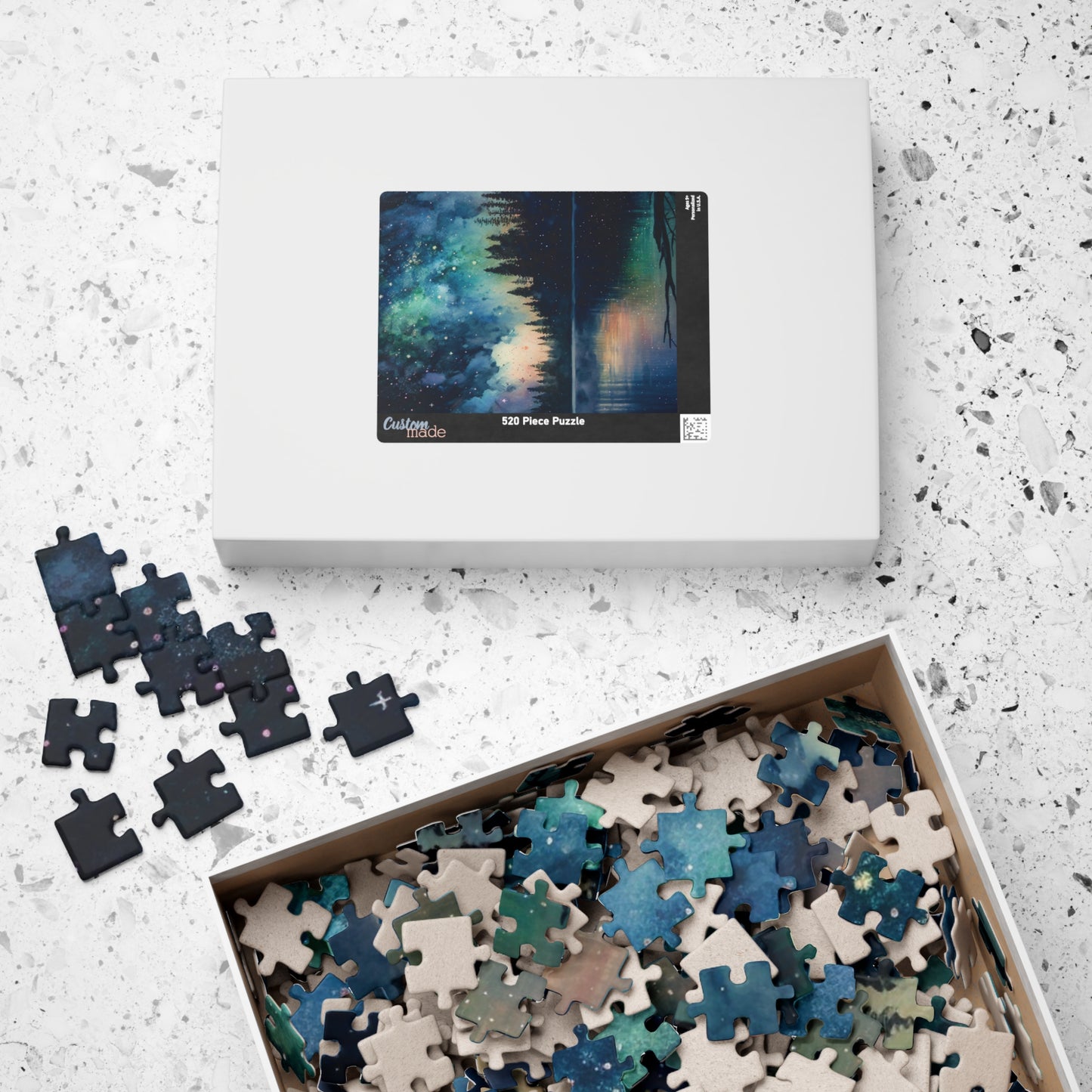 Starry Lake Puzzle (110, 252, 520, 1014 Pieces) - Peaceful Night Sky Reflection, Forest Silhouette, Tranquil Water