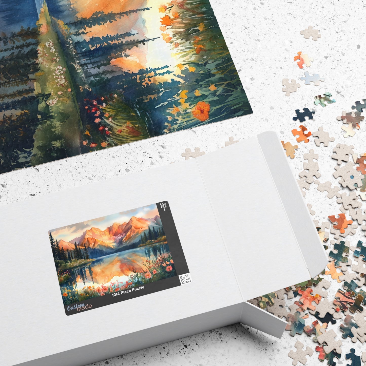 Fiery Red Mountain Reflection Puzzle (110, 252, 520, 1014 Pieces) - Wildflower Shoreline, Alpine Forest, Golden Hour Glow,