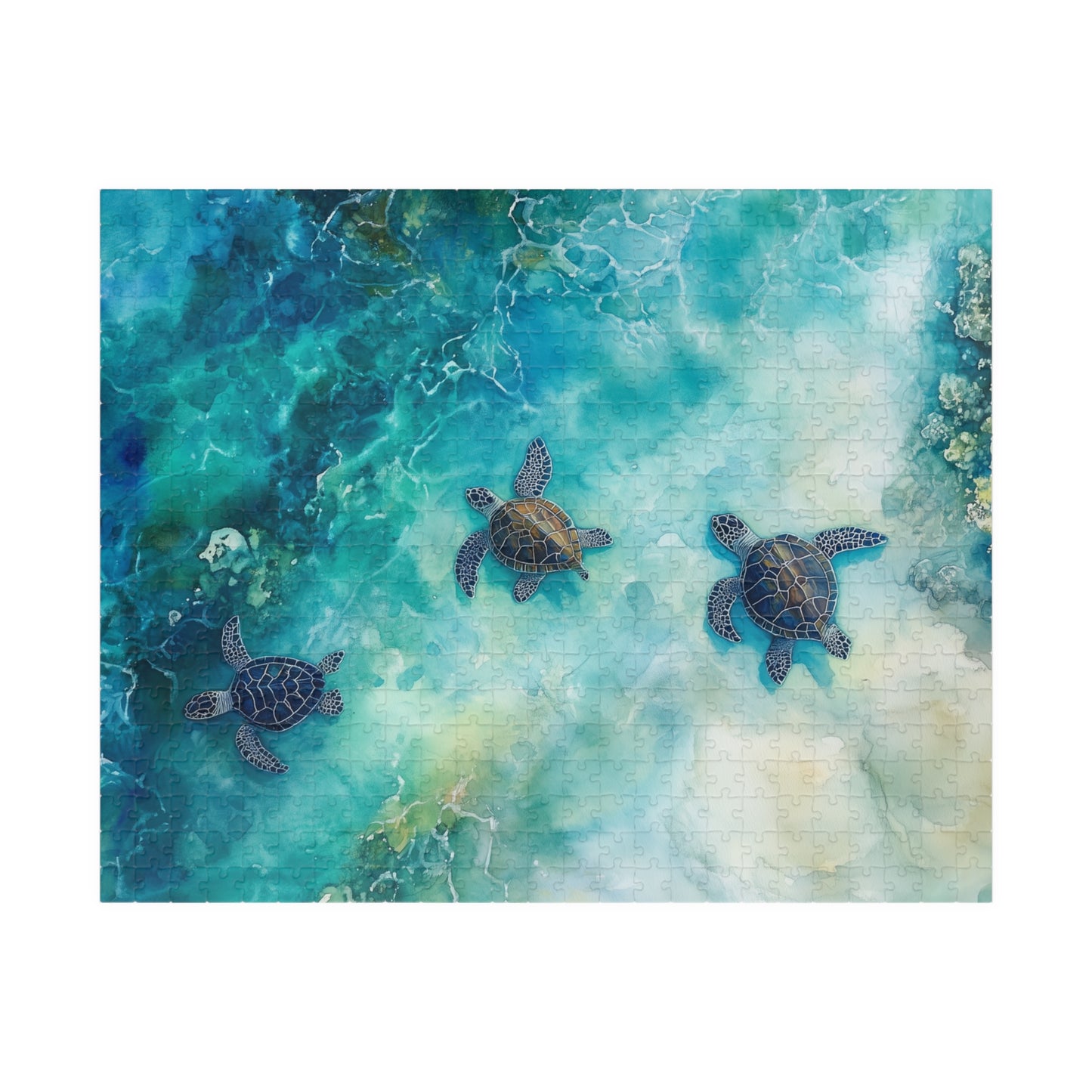 Turtle Trio Puzzle (110, 252, 520, 1014 Pieces) - Watercolor Sea Turtle Art, Ocean Wildlife, Serene Blue Puzzle, Relaxing Nature Puzzle