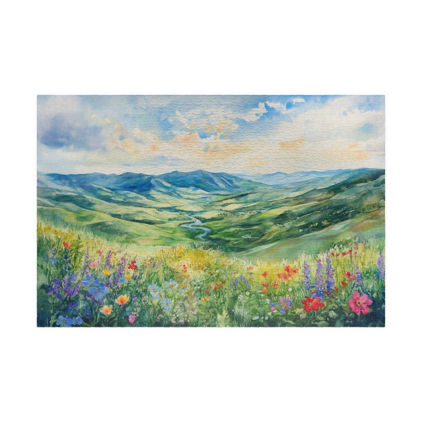 Wildflower Valley Overlook Puzzle (110, 252, 520, 1014 Pieces) - Rolling Green Mountains, Winding River, Blooming Meadow, Scenic Spring View