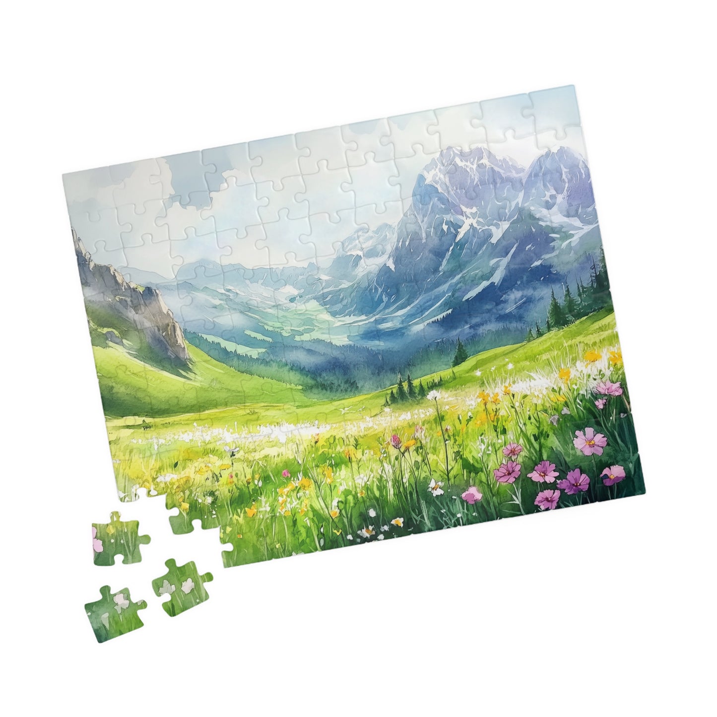 Mountain Meadow Puzzle (110, 252, 520, 1014 Pieces) - Wildflowers, Alpine Valley, Snowy Peaks, Peaceful Landscape