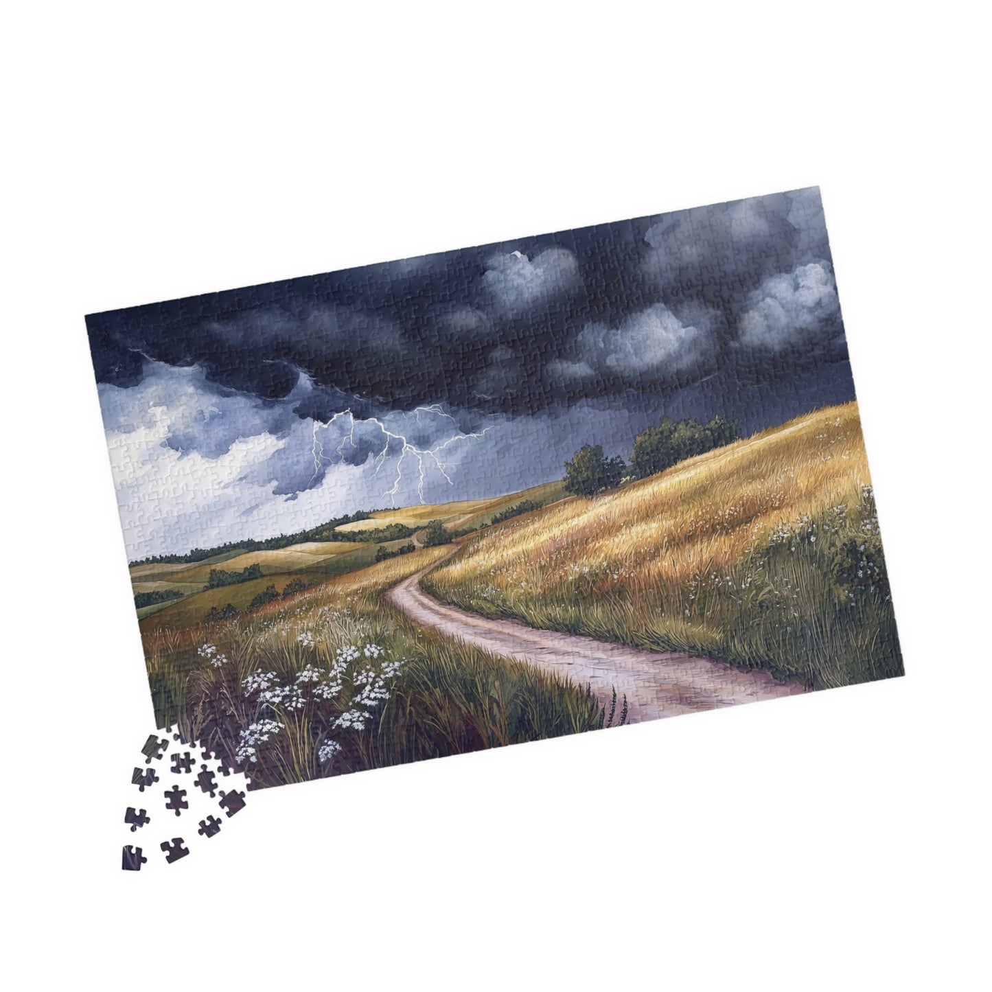Prairie Thunderstorm Puzzle (110, 252, 520, 1014 Pieces) - Stormy Sky, Lightning Strikes, Country Path Scene, Nature Lover Gift
