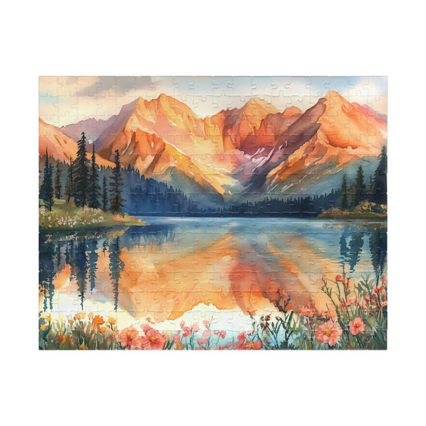 Fiery Red Mountain Reflection Puzzle (110, 252, 520, 1014 Pieces) - Wildflower Shoreline, Alpine Forest, Golden Hour Glow,