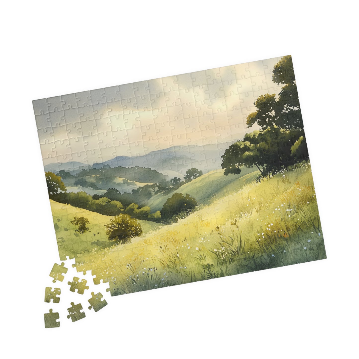 Rolling Grassy Hills Puzzle (110, 252, 520, 1014 Pieces) - Soft Light, Peaceful Landscape, Serene Horizon, Stress Relief Activity