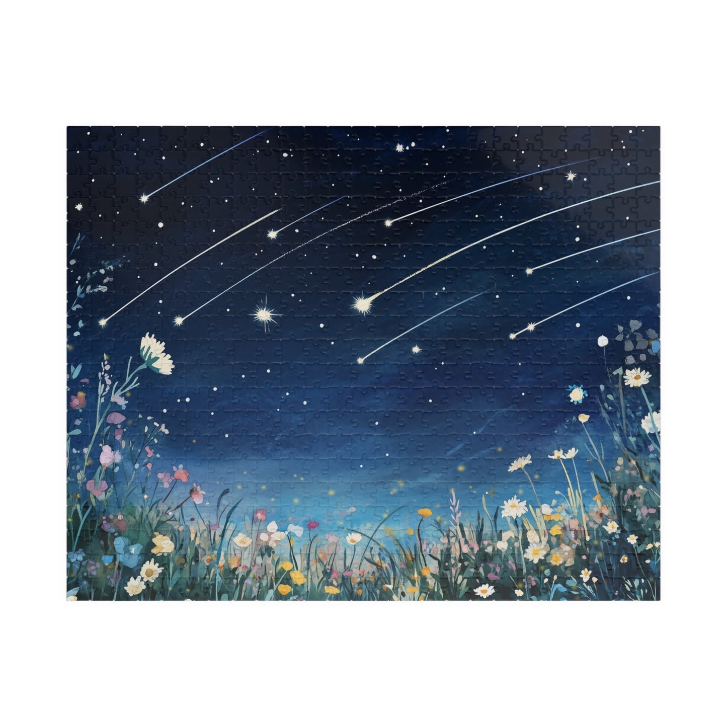 Wildflowers Under a Starry Sky Puzzle (110, 252, 520, 1014 Pieces) - Dreamy Meteor Shower, Starry Night Scene with Colorful Blooms