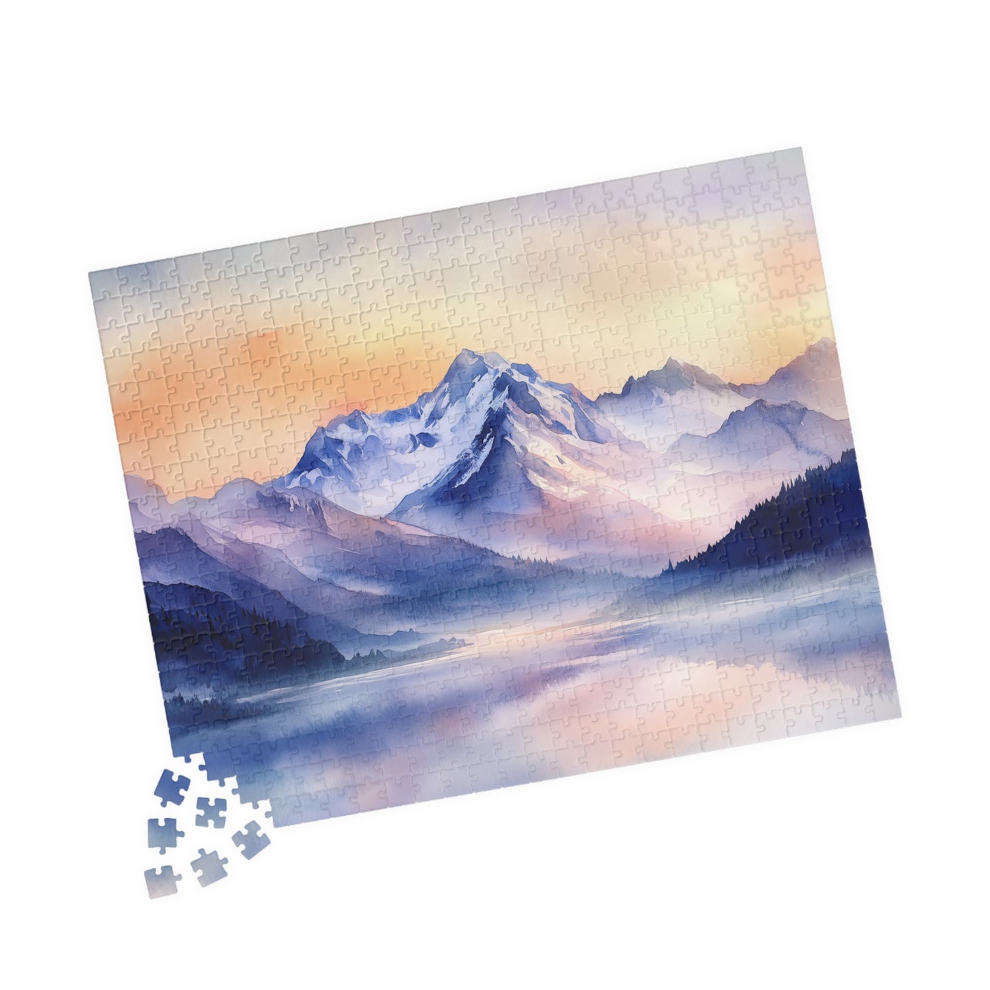 Mountain Serenity Puzzle (110, 252, 520, 1014 Pieces) - Misty Peaks, Sunset Hues, Tranquil Reflections, Mountain Landscape Puzzle