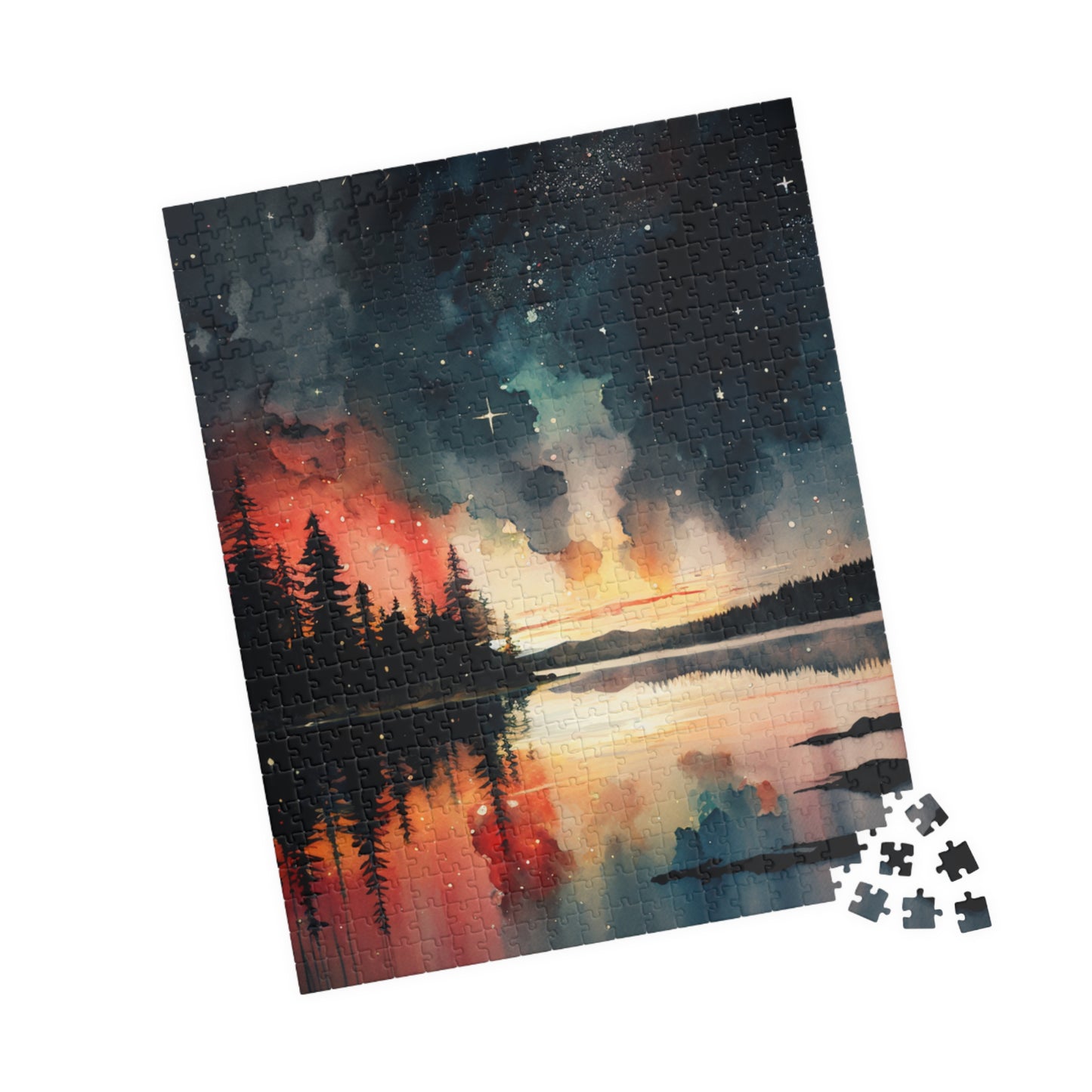 Starlit Reflections Puzzle (110, 252, 520, 1014 Pieces) - Celestial Sky Over Lake, Vibrant Galaxy Colors, Tranquil Nature Scene