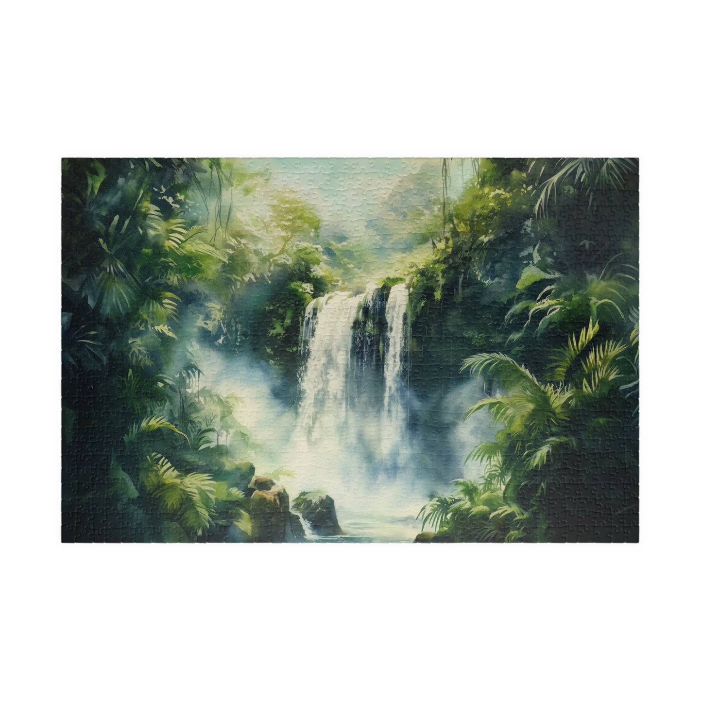 Lush Jungle Waterfall Puzzle (110, 252, 520, 1014 Pieces) - Tropical Rainforest Puzzle, Misty Green Waterfall Art, Serene Nature Escape