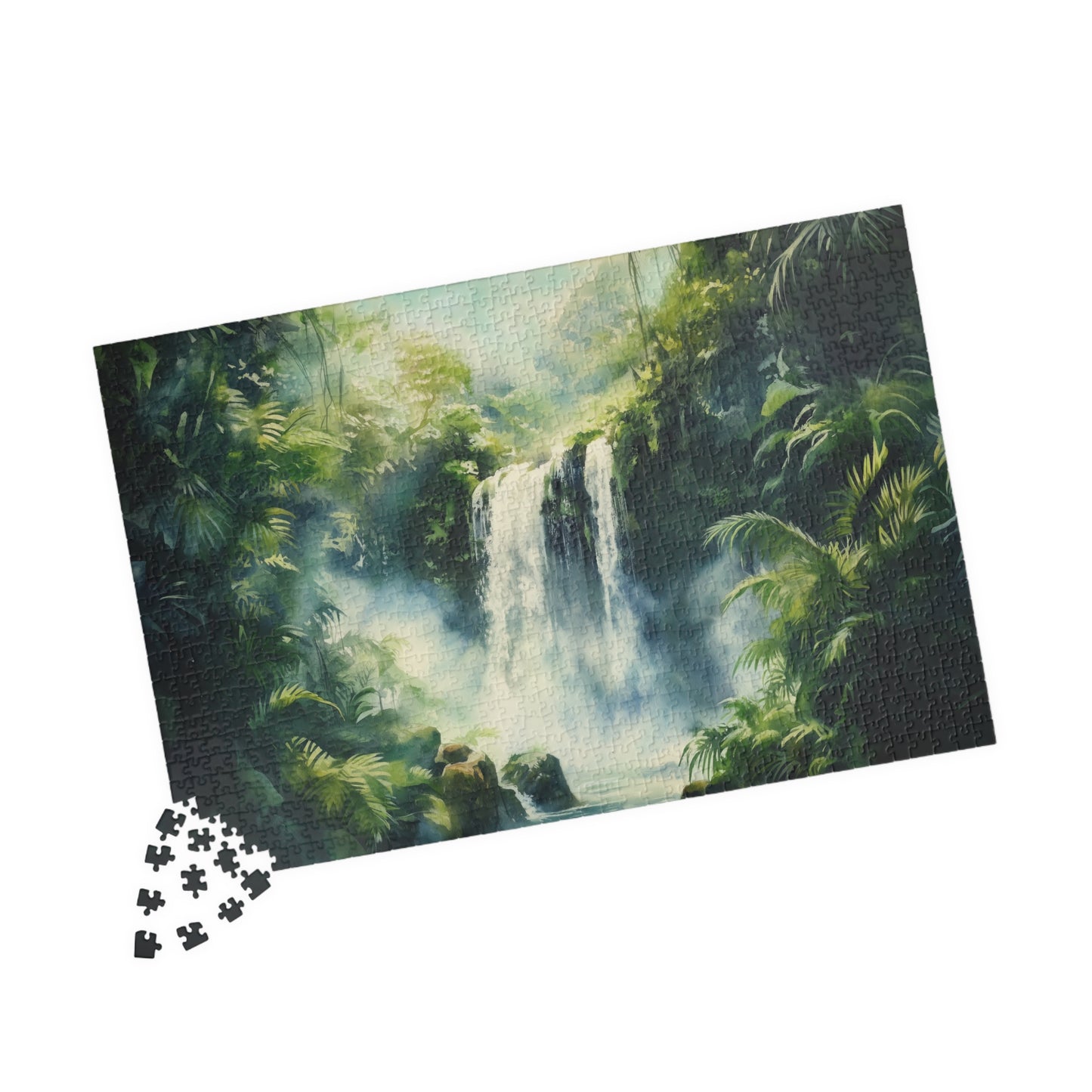 Lush Jungle Waterfall Puzzle (110, 252, 520, 1014 Pieces) - Tropical Rainforest Puzzle, Misty Green Waterfall Art, Serene Nature Escape