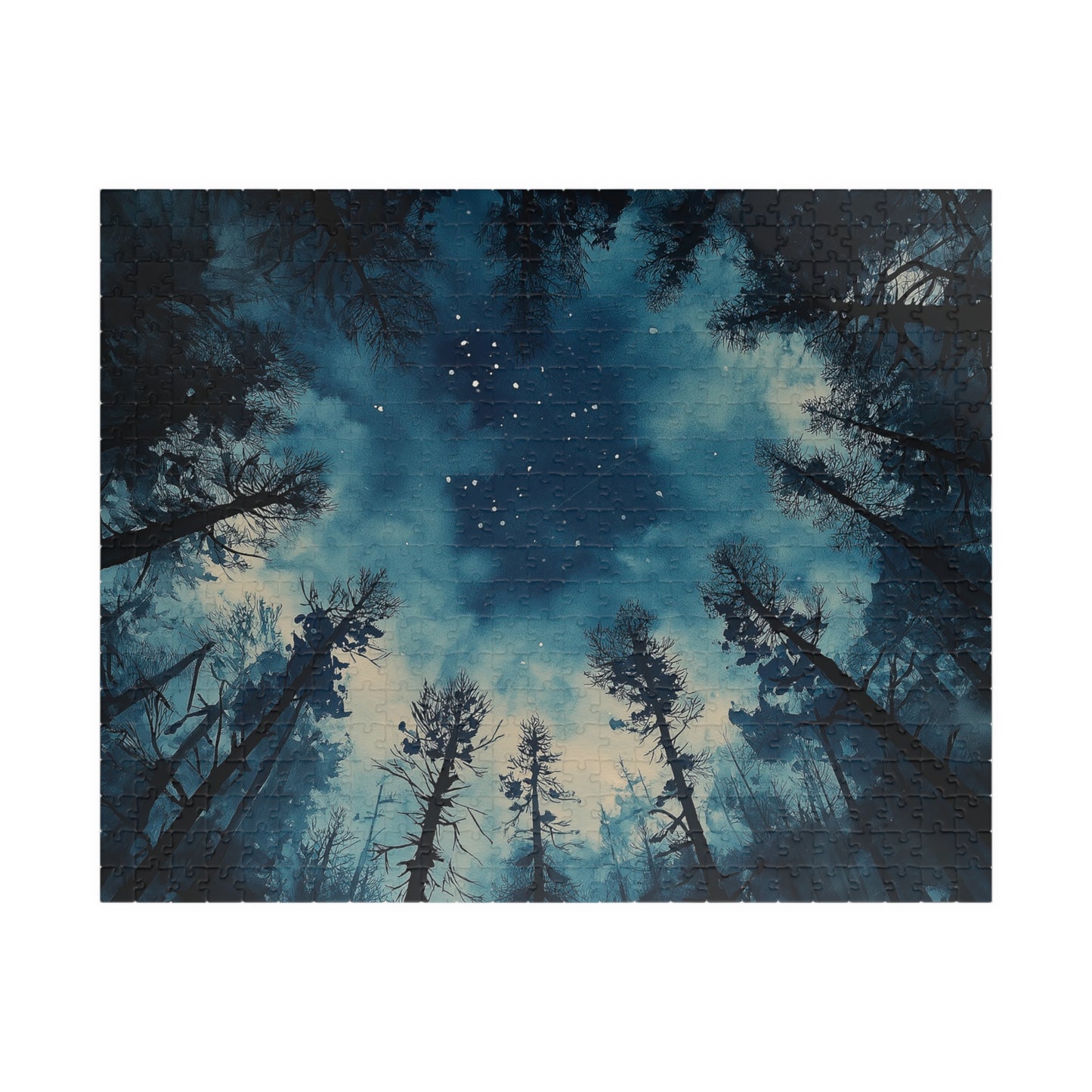 Moody Forest Sky Puzzle (110, 252, 520, 1014 Pieces) - Atmospheric Night View, Blue Toned, Starry Tree Canopy
