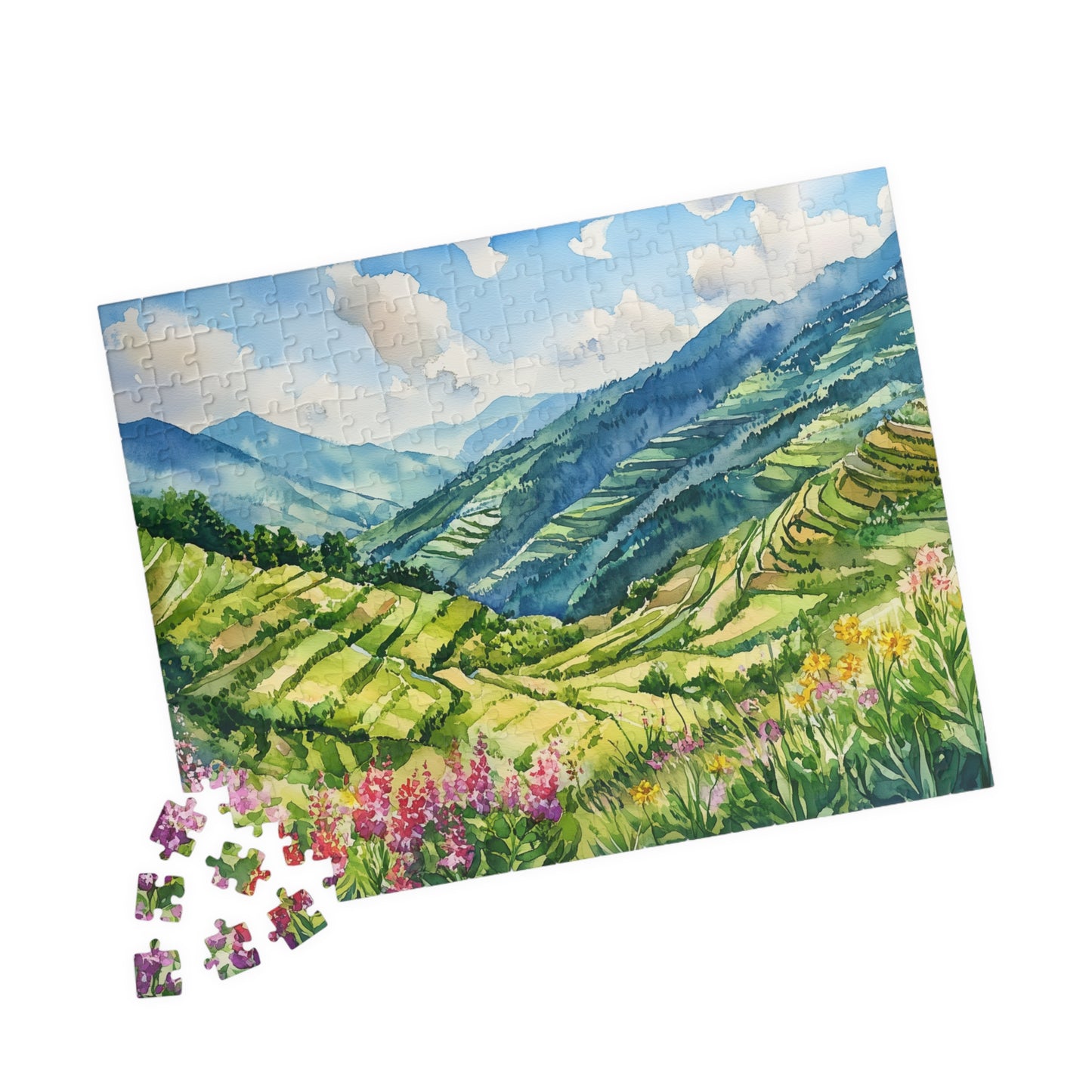 Terraced Hillside Puzzle (110, 252, 520, 1014 Pieces) - Lush Green Valleys, Layered Landscapes, Blooming Wildflowers, Vivid Nature Puzzle